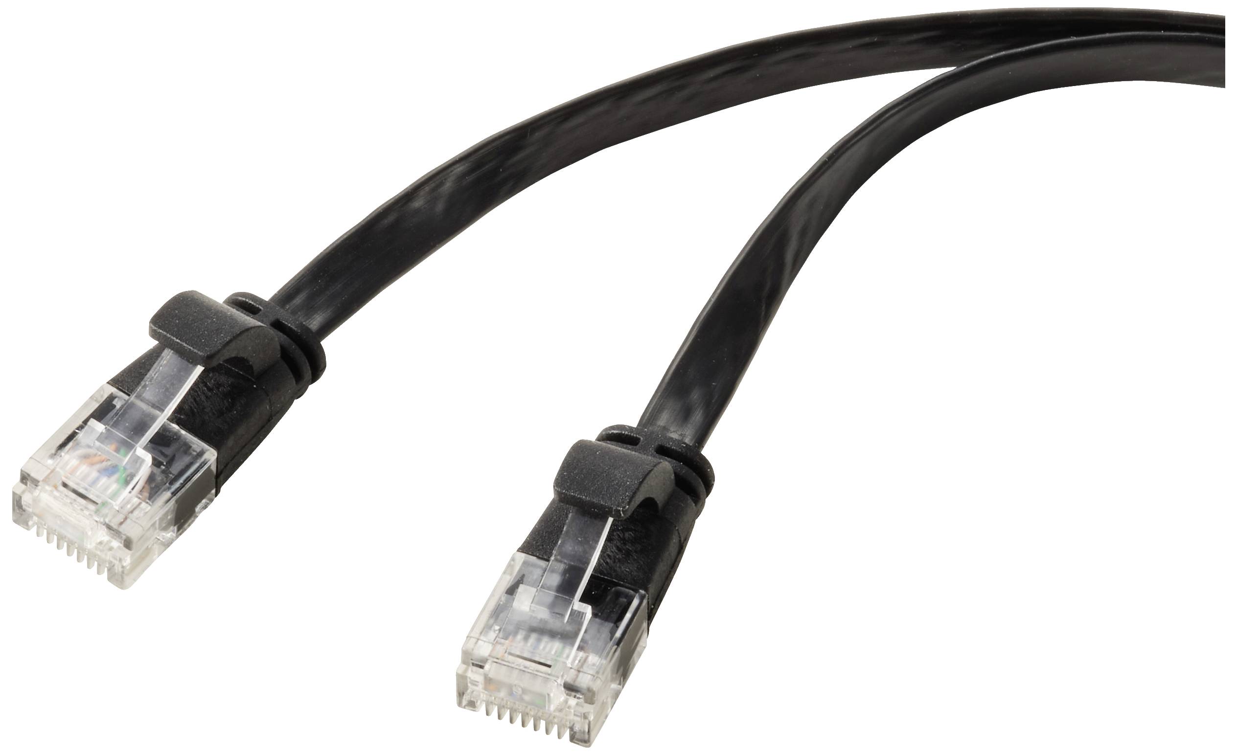 Schwarzes Ethernet-Kabel mit zwei RJ45-Steckern an den Enden, dient zum Verbinden von Netzwerkgeräten für Datenübertragung.
