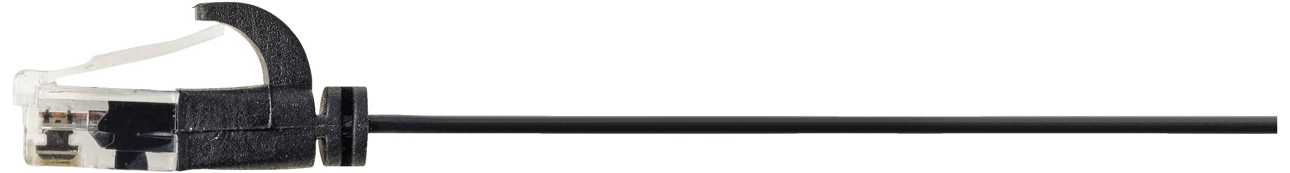 Ein schwarzes Ethernet-Kabel mit einem transparenten Stecker und verriegeltem Clip zur stabilen Verbindung.