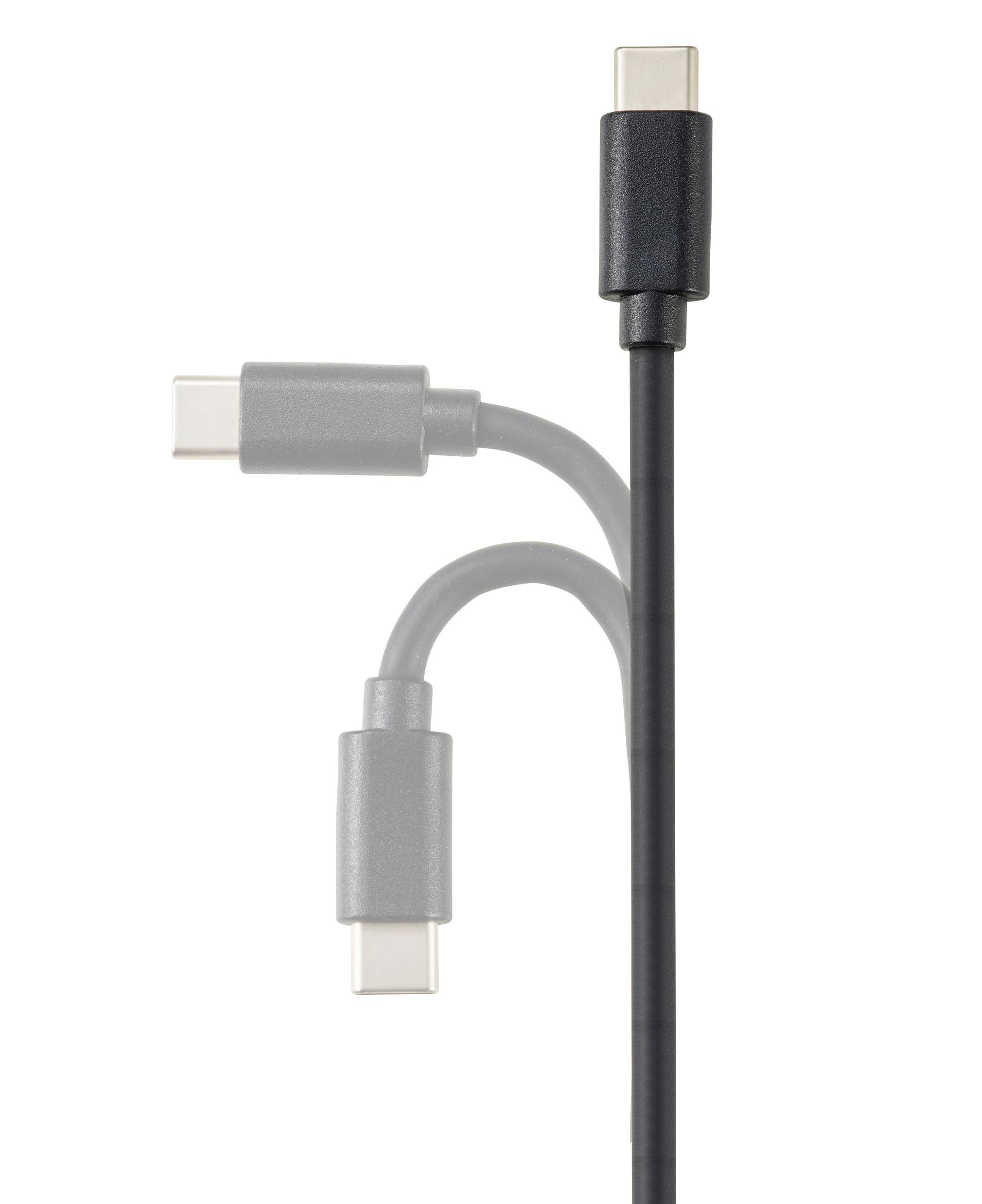 Drei USB-C-Kabel in unterschiedlichen Positionen und Farben. Ein schwarzes Kabel hebt sich vor zwei grauen Kabeln ab, die dahinter angedeutet sind.