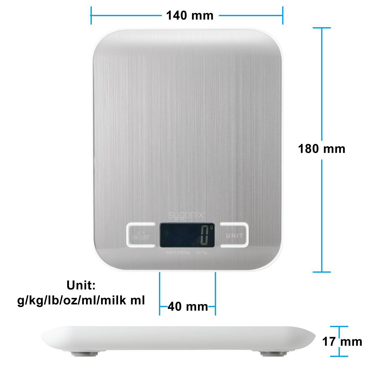 Elektronische Küchenwaage in Silber, zeigt Maße 140 mm x 180 mm, Höhe 17 mm. Einheitenauswahl: g, kg, lb, oz, ml, milk ml.