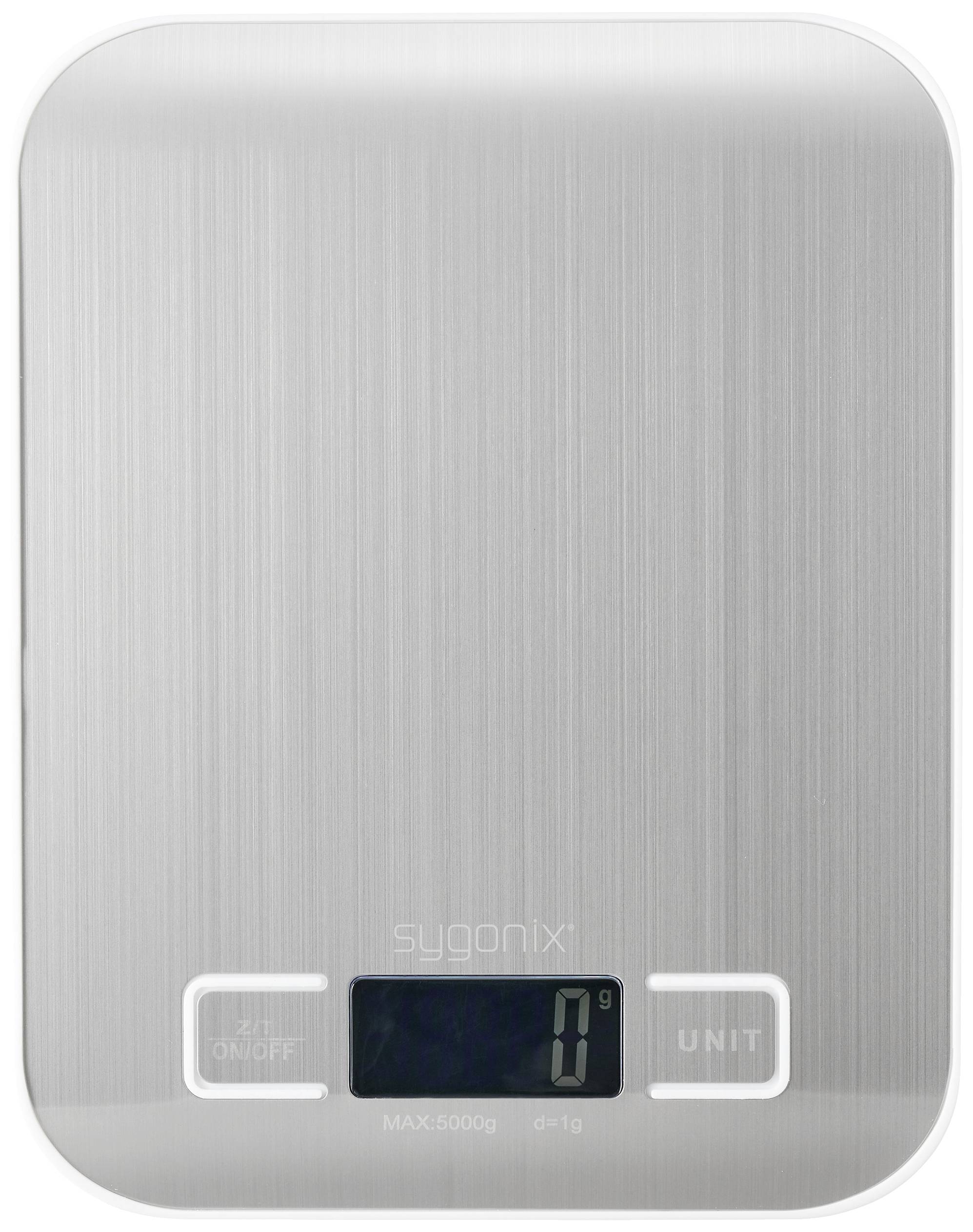 Digitale Küchenwaage aus Metall mit Display, das '0 g' anzeigt. Zwei Tasten: 'ON/OFF' und 'UNIT'. Marke 'sygonix' auf der Oberfläche.