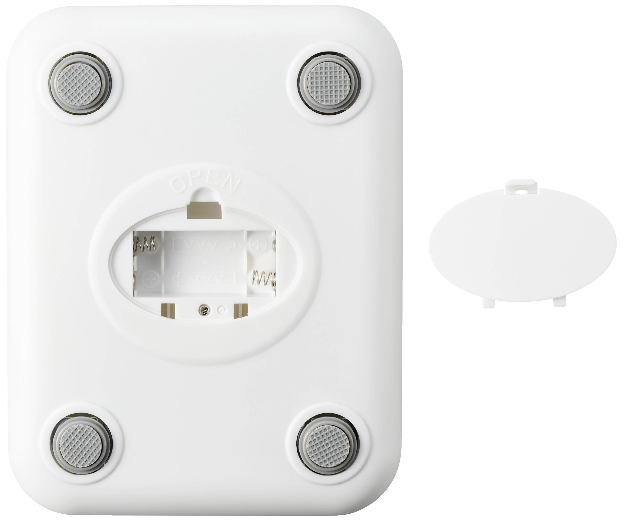 Ein weißer rechteckiger Behälter mit vier runden rutschfesten Füßen; ein ovales Fach mit Verschluss für Batterien.