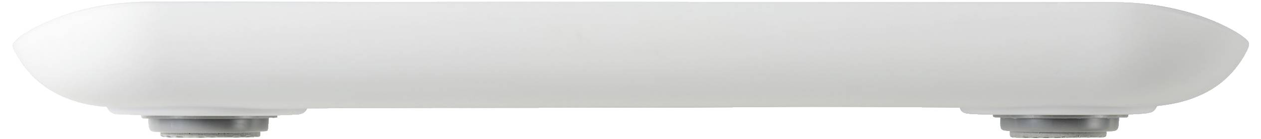 Ein weißes, rechteckiges Kunststoff-Gehäuse, das auf zwei silbernen Standfüßen ruht; Design wirkt modern und minimalistisch.