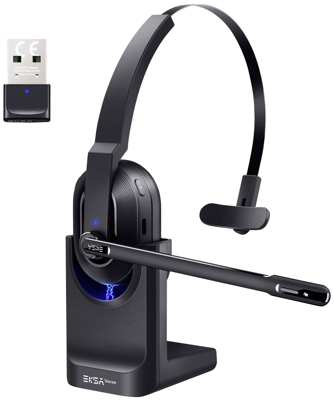EKSA H5 On Ear Headset Bluetooth® Schwarz Mikrofon-Rauschunterdrückung, Noise Cancelling Headset, mit Bluetooth® Basisstation