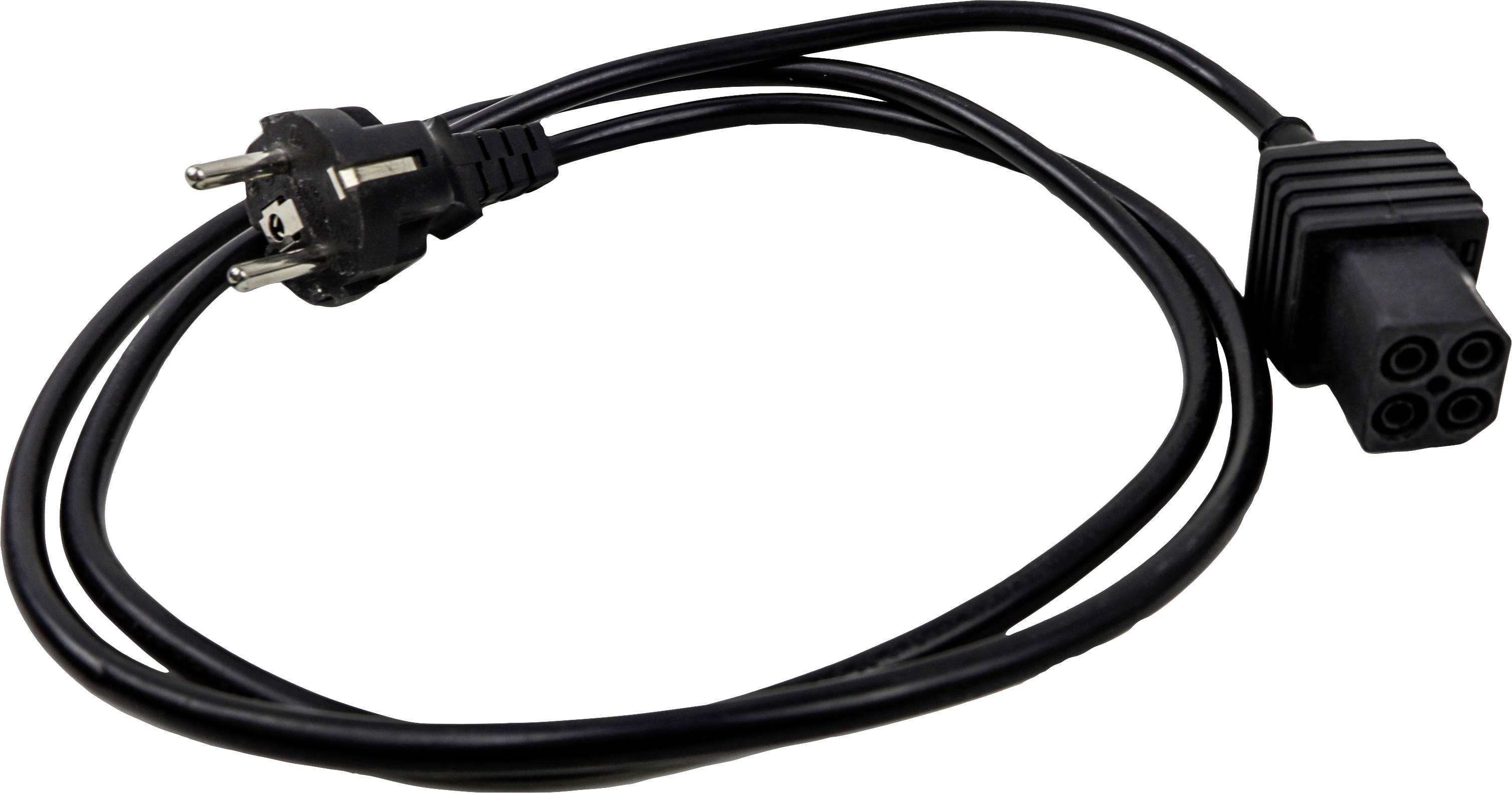Ein Stromkabel mit einem europäischen Stecker auf der einen Seite und einem quadratischen Vierfachanschluss auf der anderen Seite.