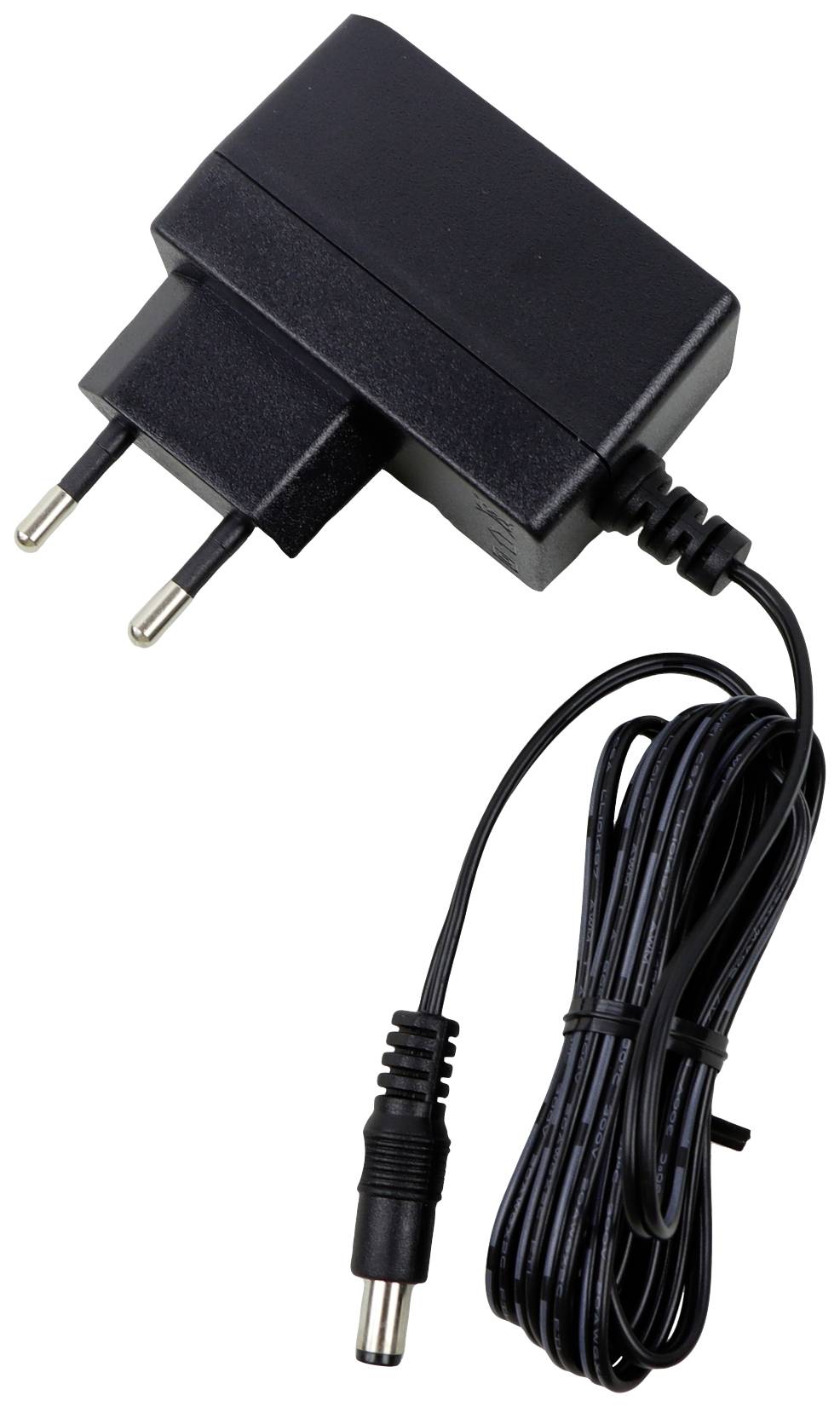Schwarzes Netzteil mit EU-Stecker und langem Kabel. Geeignet zur Stromversorgung für elektronische Geräte.