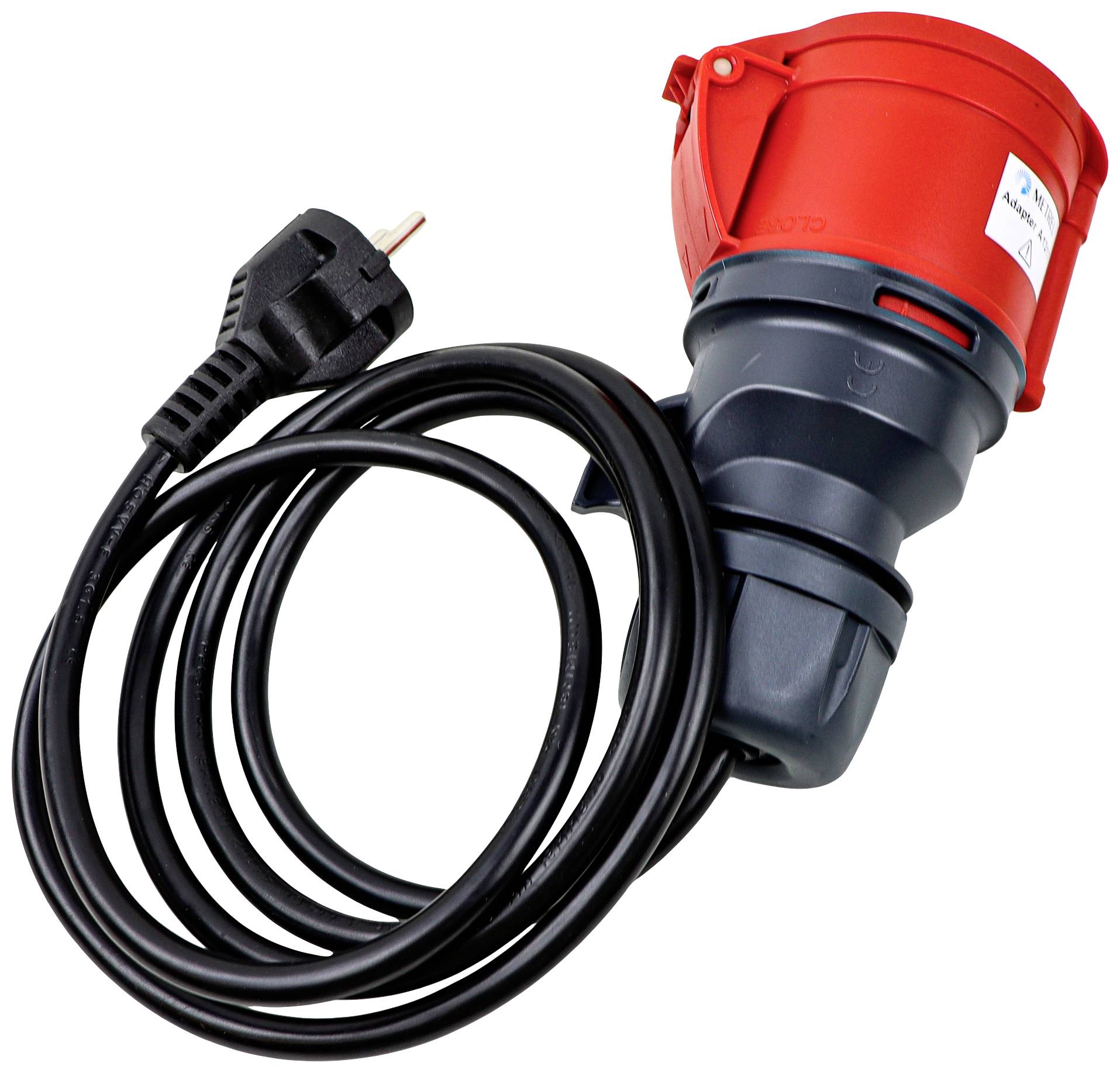 Ein rotes und schwarzes Starkstrom-Verlängerungskabel mit Stecker und Kupplung, für industrielle Anwendungen.