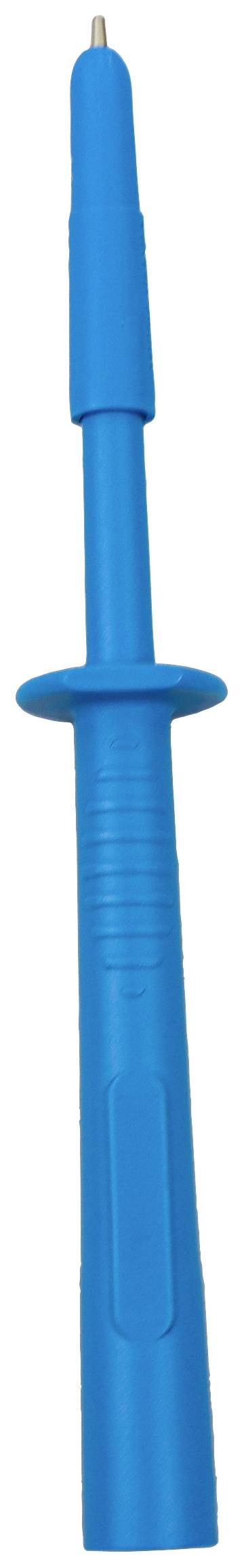Blauer Prüf- oder Teststift mit spitzem Ende, verwendet für elektrische Messungen, vertikal gehalten.