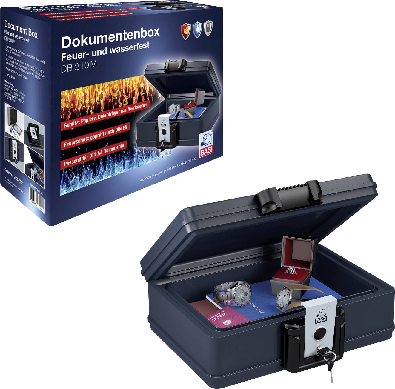 Feuer- und wasserfeste Dokumentenbox, Modell DB 210M. Schutz vor Feuer und Wasser, mit Schloss. Abgebildet mit Dokumenten und Schlüssel.