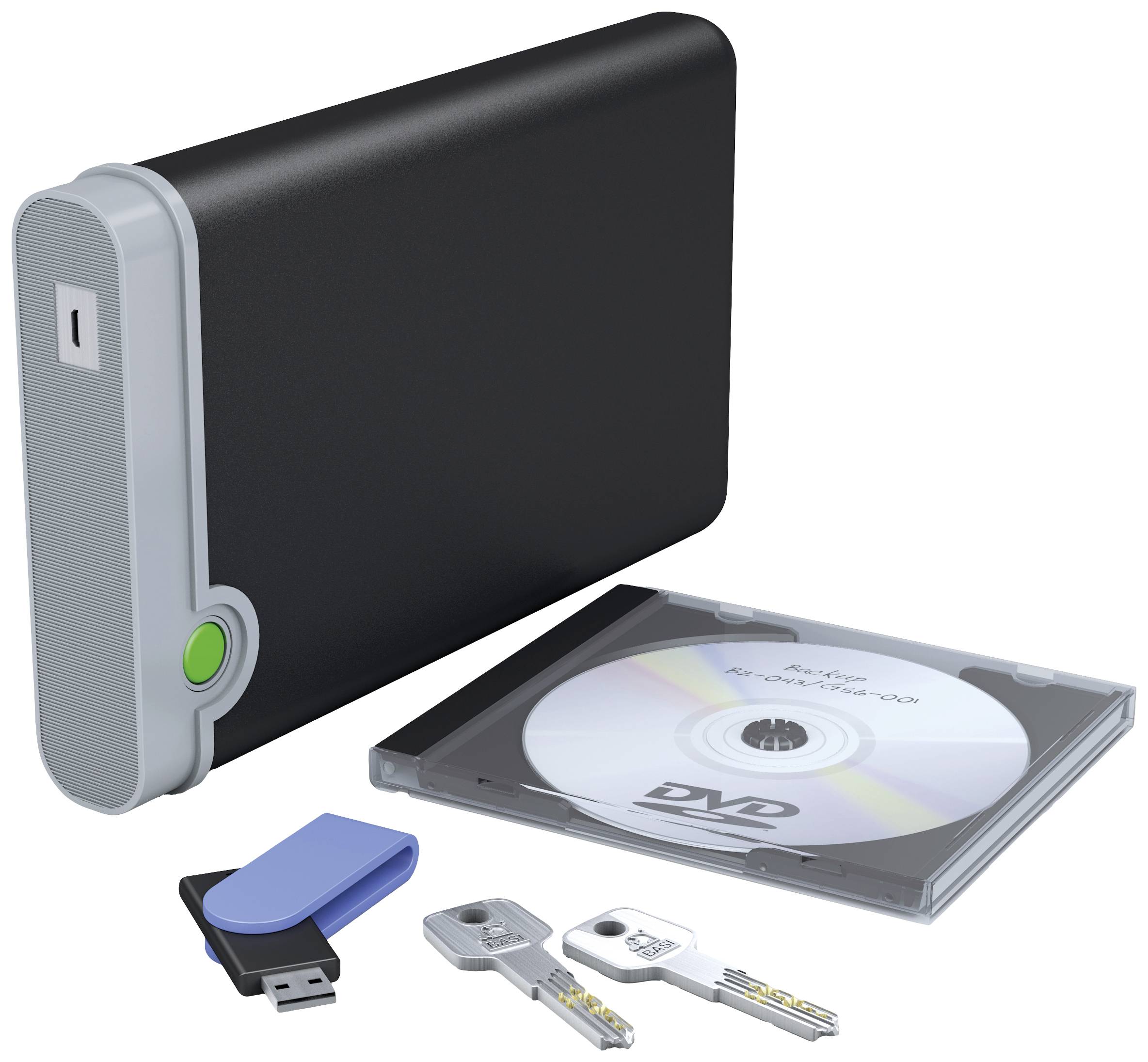 Externe Festplatte, USB-Stick, DVD und Schlüssel als Symbole für Datensicherung und Sicherheit.