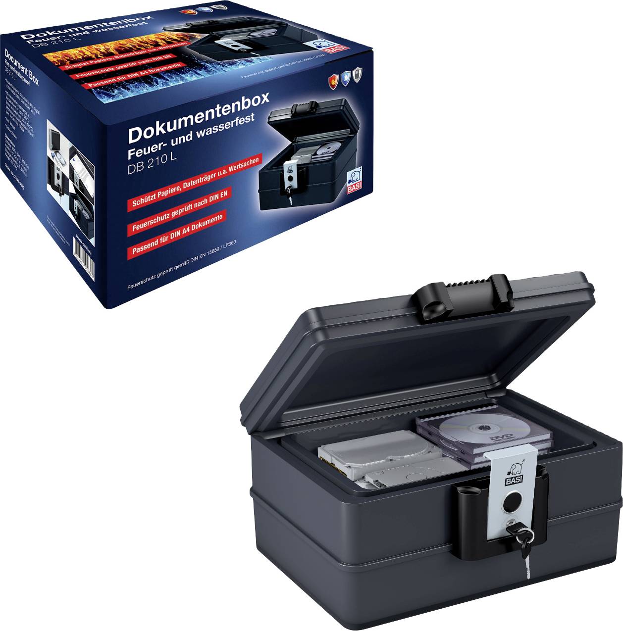 'Feuer- und wasserfeste Dokumentenbox DB 210L.' Schützt wichtige Dokumente vor Feuer und Wasser. Bild von geschlossener und geöffneter Box.