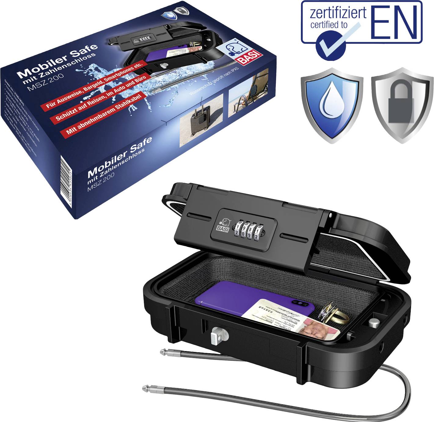 Mobiler Safe mit Zahlenschloss und Sicherheitskabel. Verpackung zeigt Sicherheitsmerkmale und Zertifizierungen. Enthält Wertsachen.