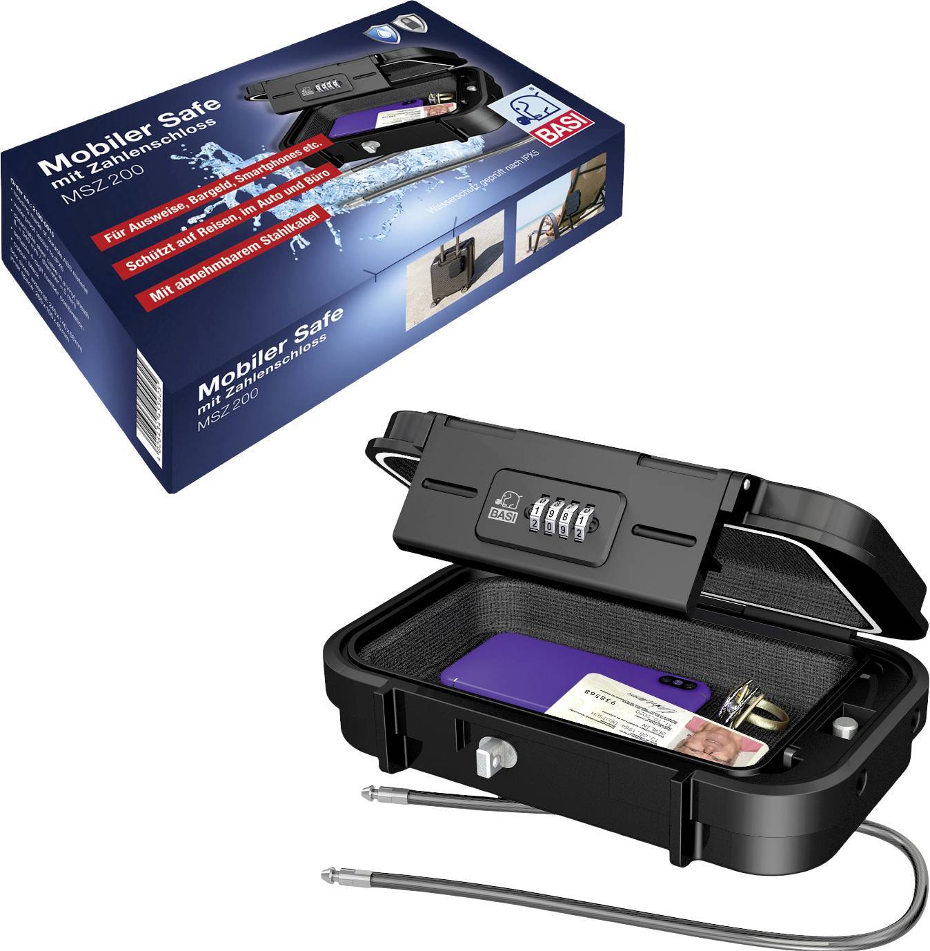 Kombinationsschloss-Safe für Wertsachen, enthält Blick auf Verpackung und geöffneten Safe mit Telefon und Geldbörse im Inneren.