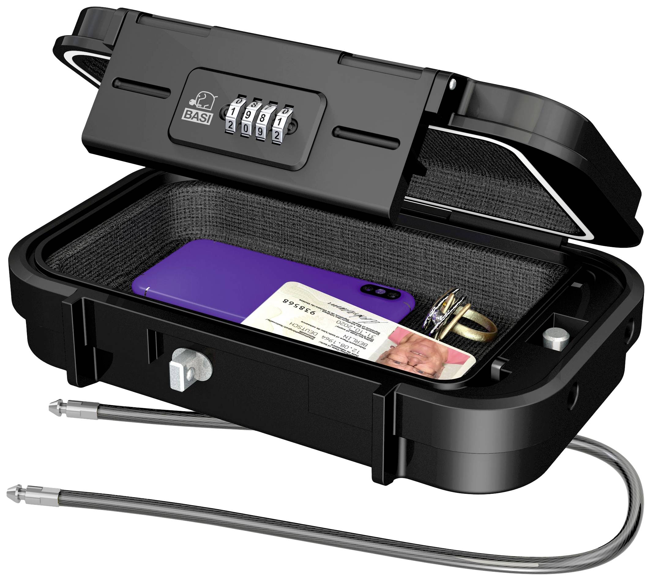 Kleiner Safe mit Zahlenschloss, offen gezeigt mit einem Smartphone und einer Karte darin.