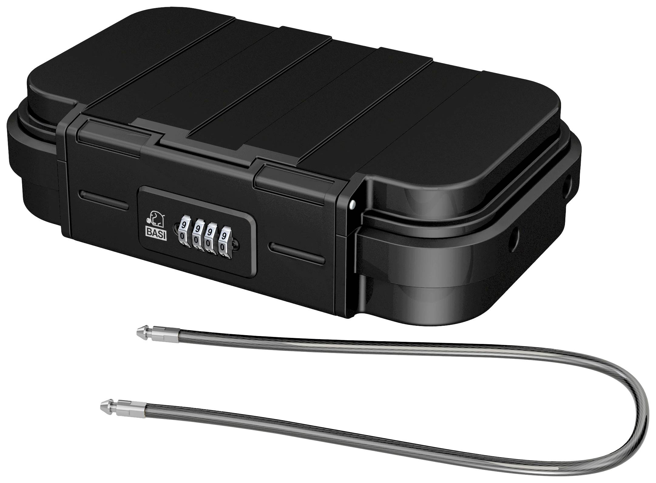 Schwarzes Sicherheitsschloss mit Zahlencode. Enthält ein langes Kabel, zur sicheren Befestigung. Geeignet für den Einsatz unterwegs.