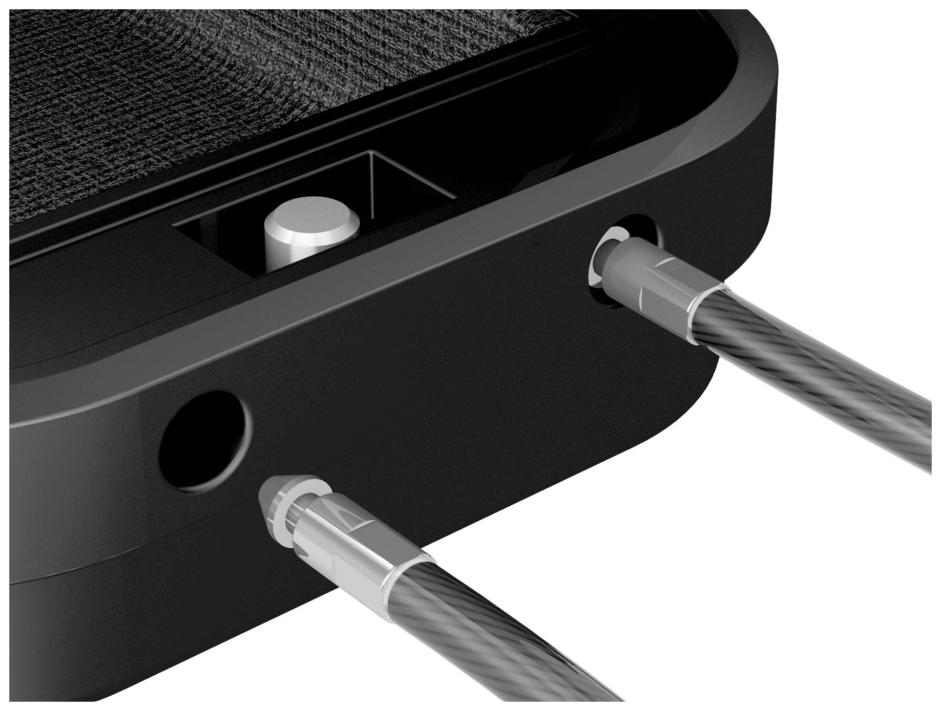 Schwarze Box mit zwei angeschlossenen Kabeln. Kabel sind in Anschlüssen auf der Seite befestigt. Oben ist ein runder, metallischer Knopf sichtbar.