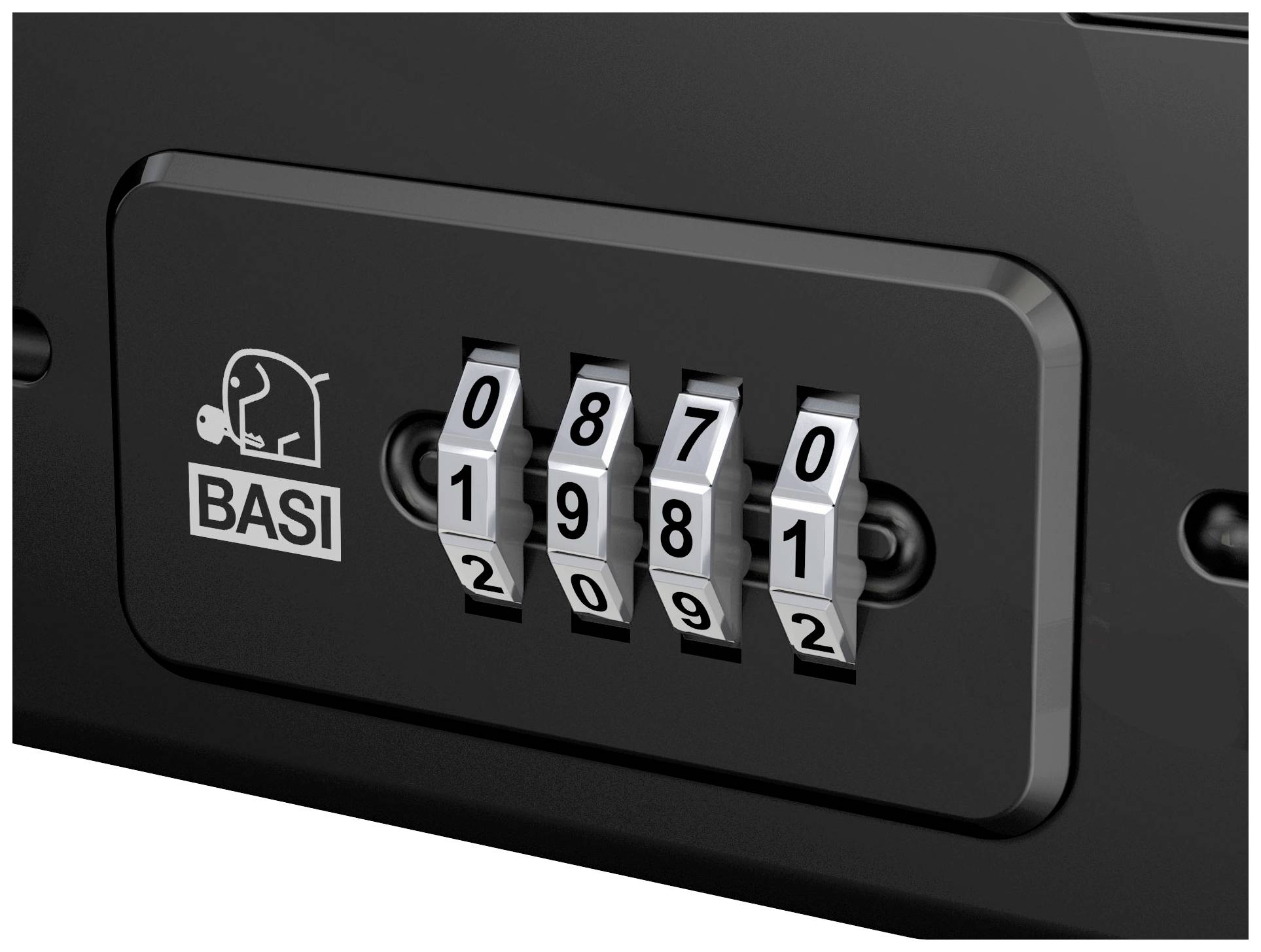 Schwarzes Zahlenschloss mit vierstelliger Kombination '1980'. Links ist das BASI-Logo eines Elefanten zu sehen.