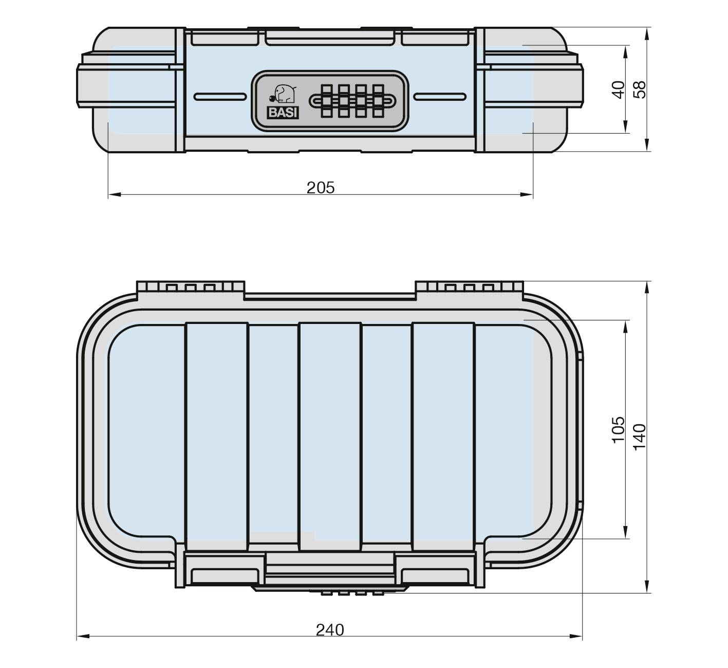Technische Zeichnung eines kastens mit Zahlenkombinationsschloss in zwei Ansichten. Maße: 240x140x58 mm. Oberseite zeigt das Schloss.