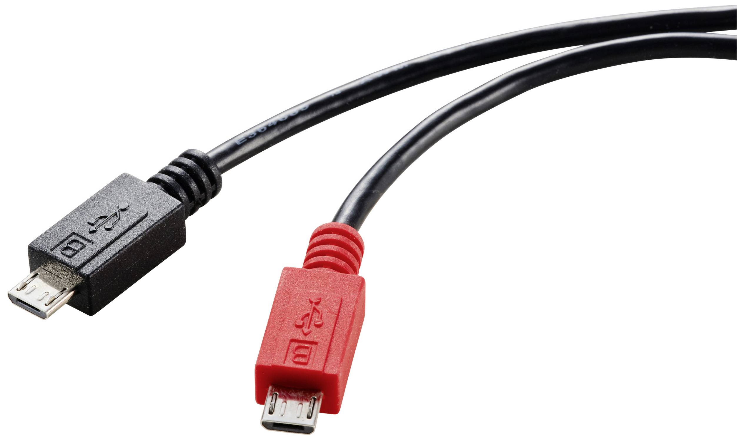 Zwei USB-Kabel mit Micro-Steckern: ein schwarzes und ein rotes Kabel, beide zeigen die USB-Symbole auf den Steckern.