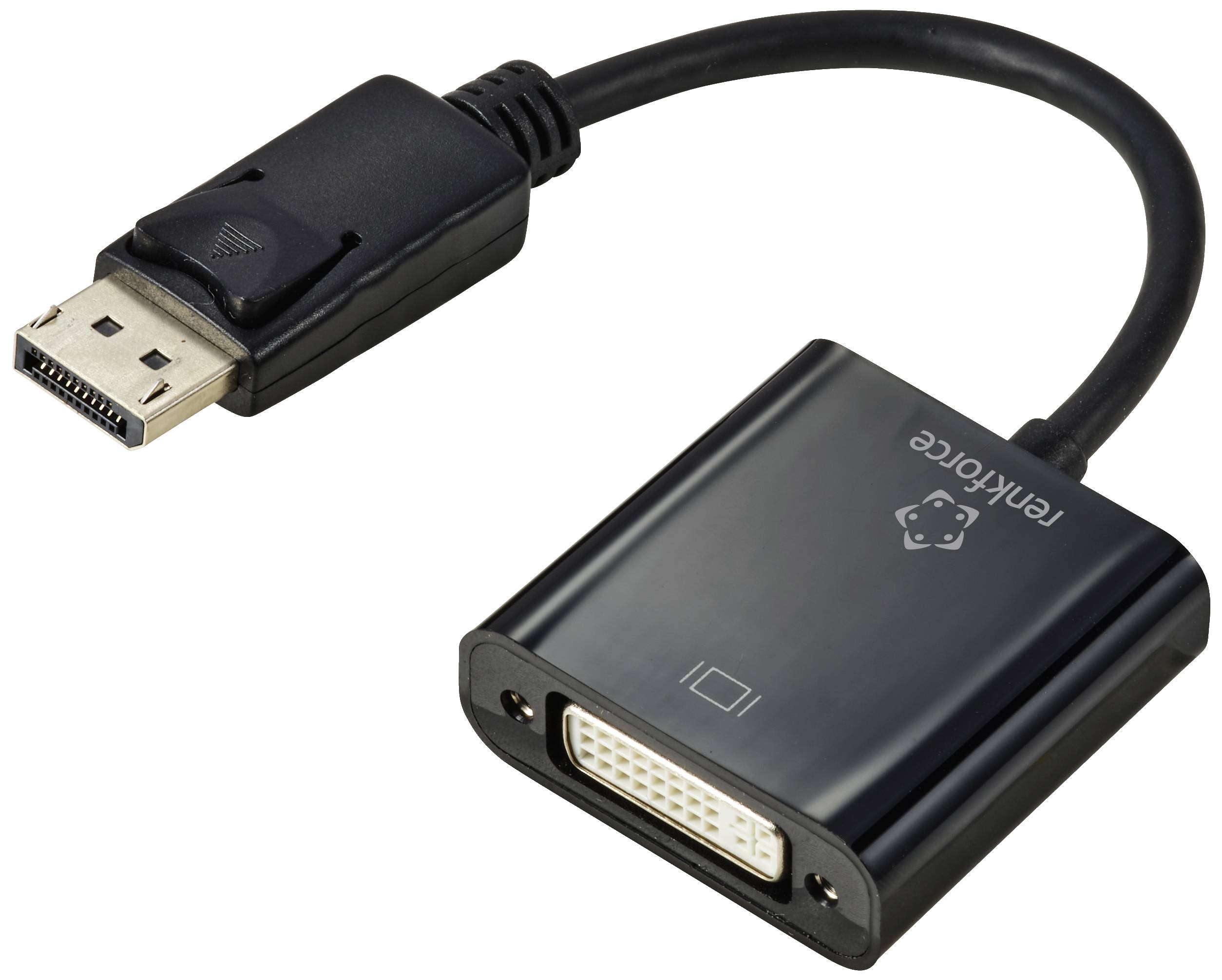 DisplayPort-zu-DVI-Adapter in Schwarz, der eine Verbindung von einem DisplayPort-Ausgang zu einem DVI-Eingang ermöglicht.