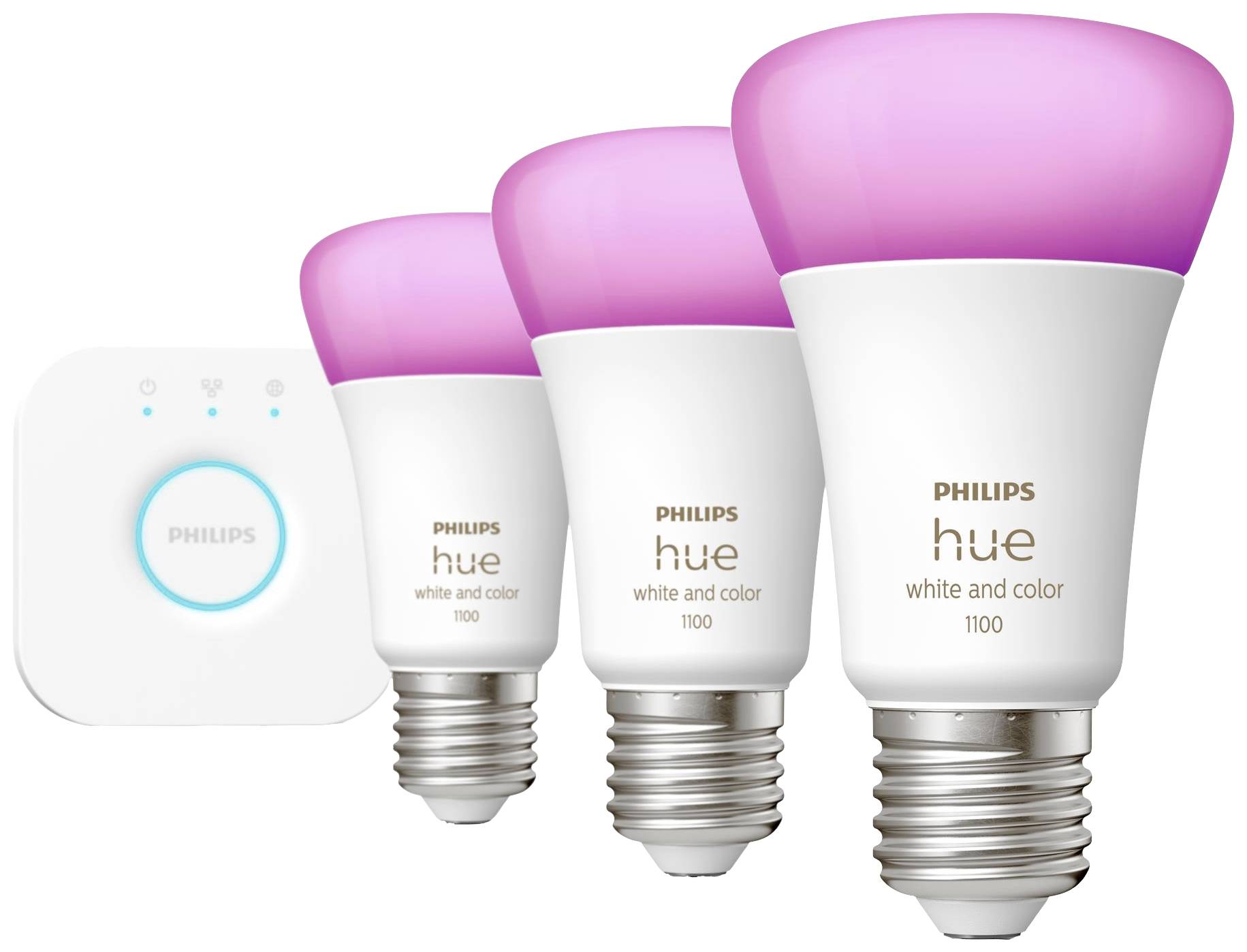 Drei Philips Hue LED-Lampen mit pinkfarbenem Licht und eine Steuerungseinheit. Sie bieten steuerbare Beleuchtung in verschiedenen Farben.
