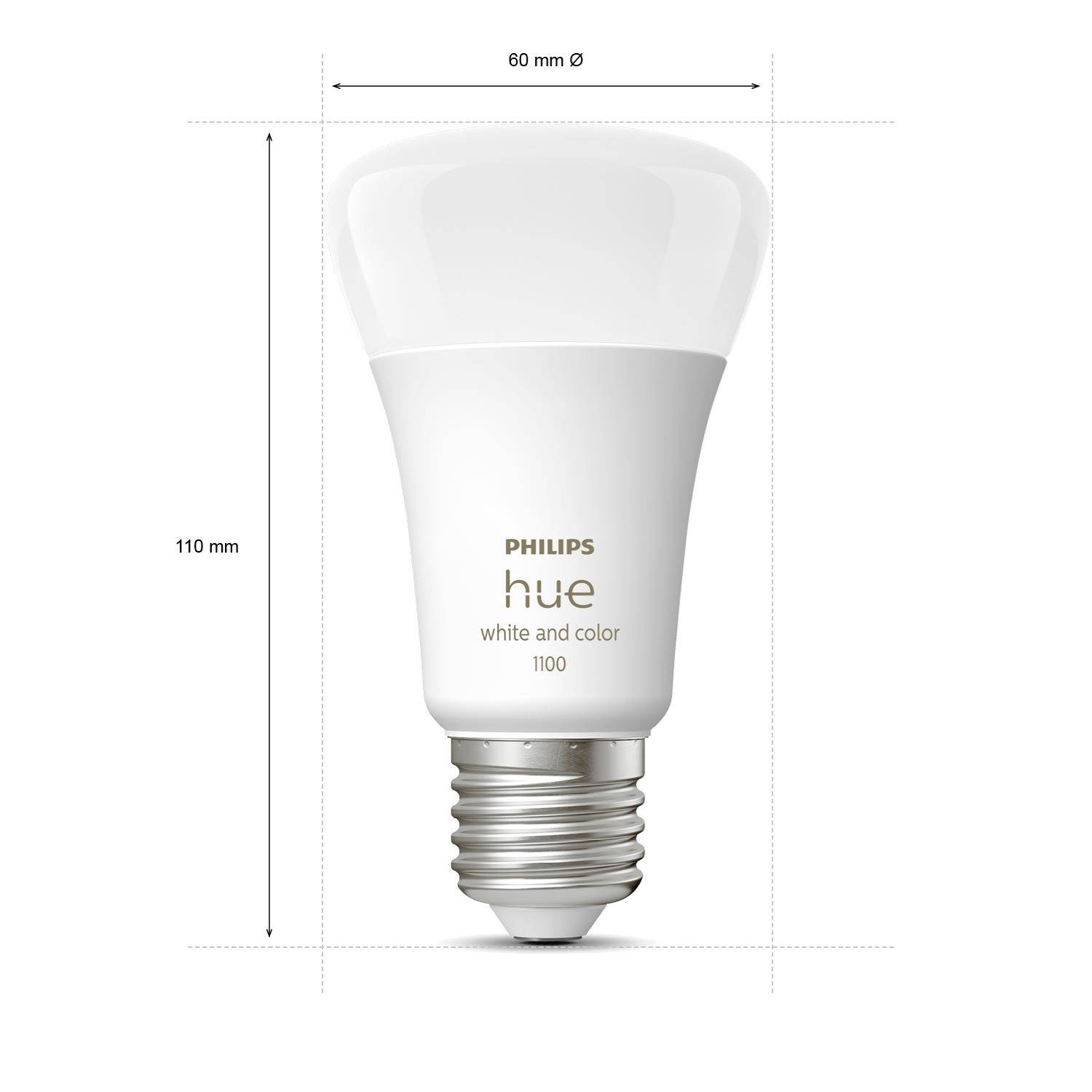 'Philips Hue' LED-Glühbirne, 110 mm hoch, 60 mm Durchmesser, weiß und farbig. Schraubsockel für Lampenfassung.