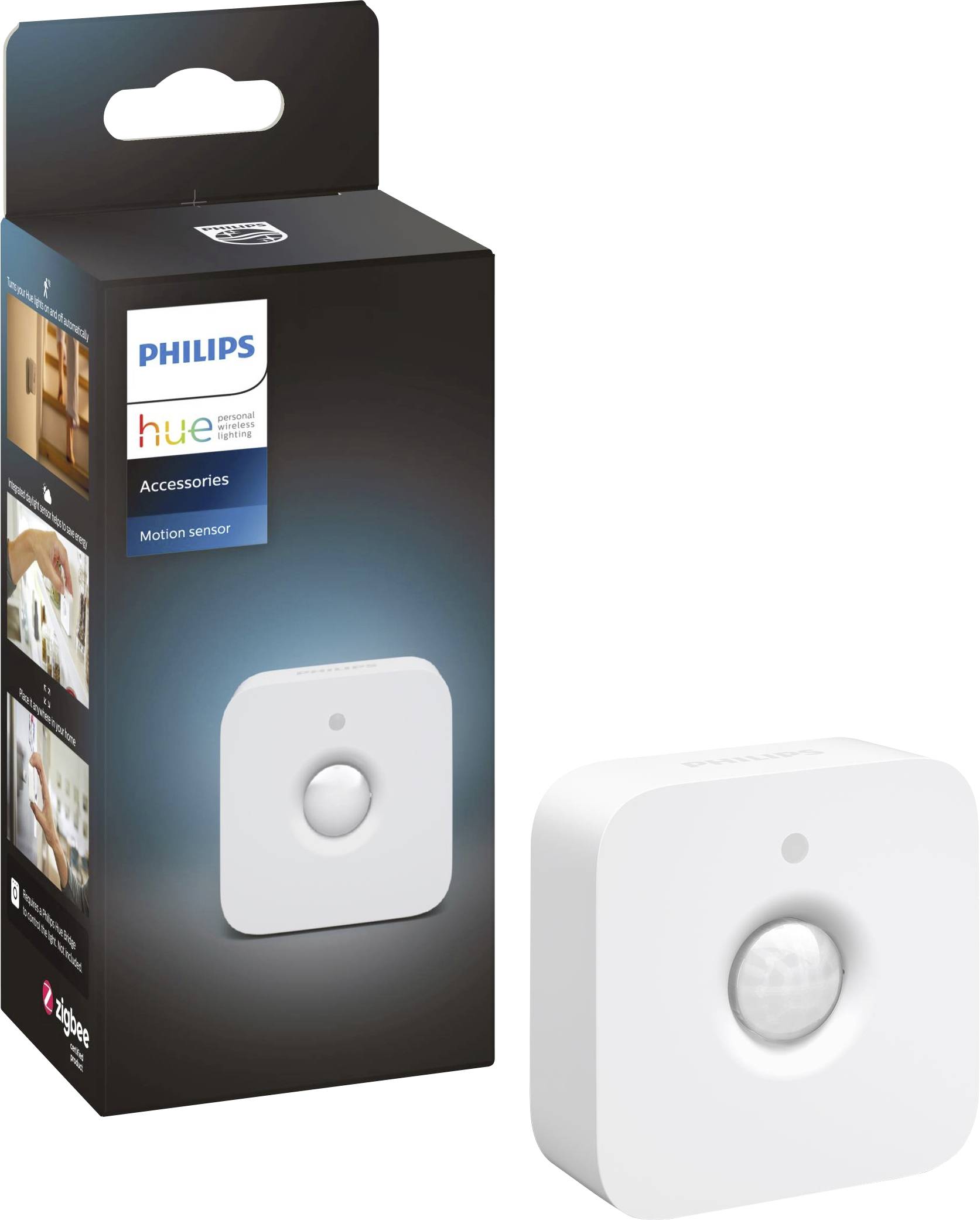 Ein weißer Bewegungssensor mit schwarzer Verpackung; Philips Hue-Logo und Produktbilder auf der Verpackung.