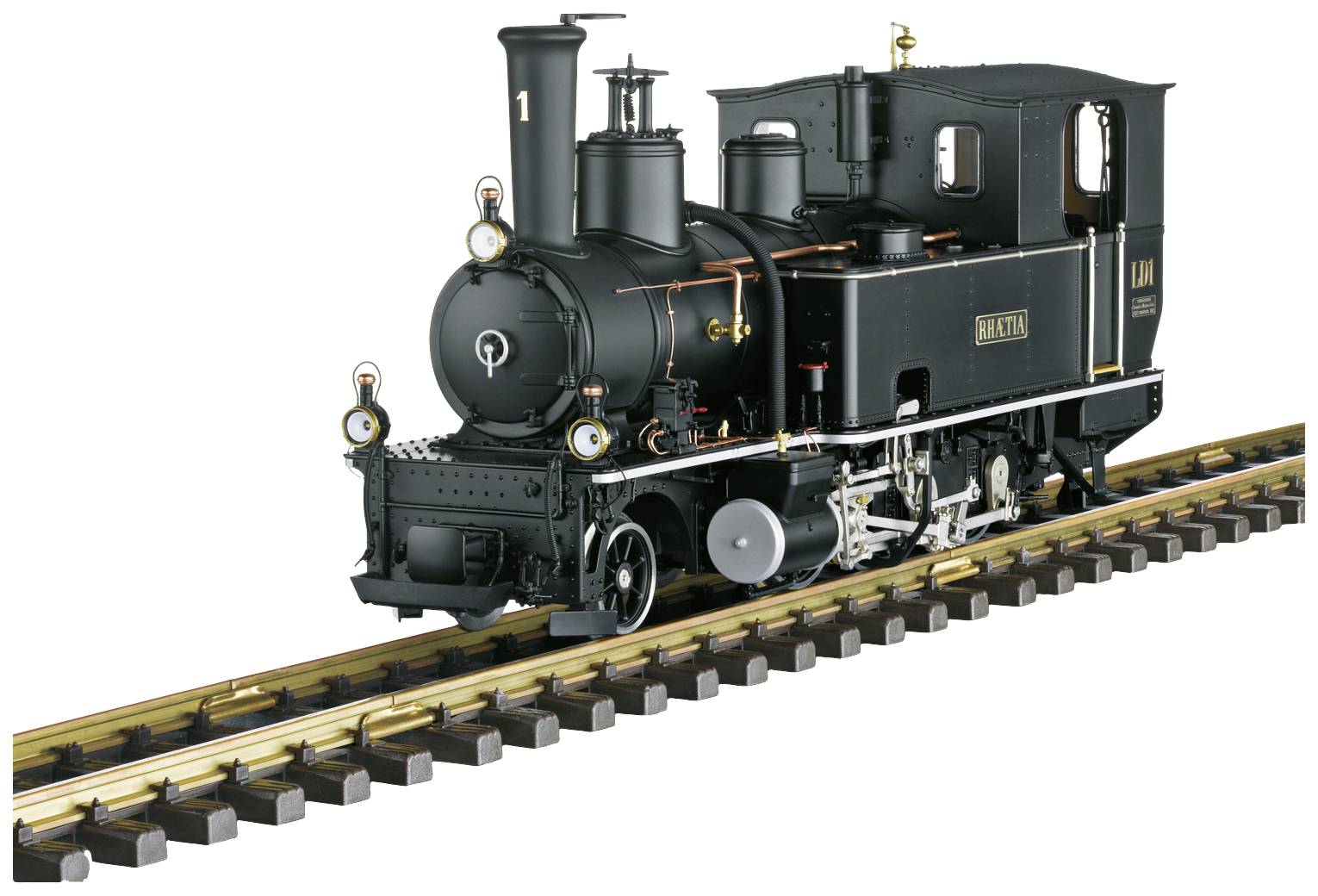 Schwarze Dampflokomotive auf Schienen, mit zentralem Schornstein und goldenen Verzierungen, Modell der Marke 'Brünig'.