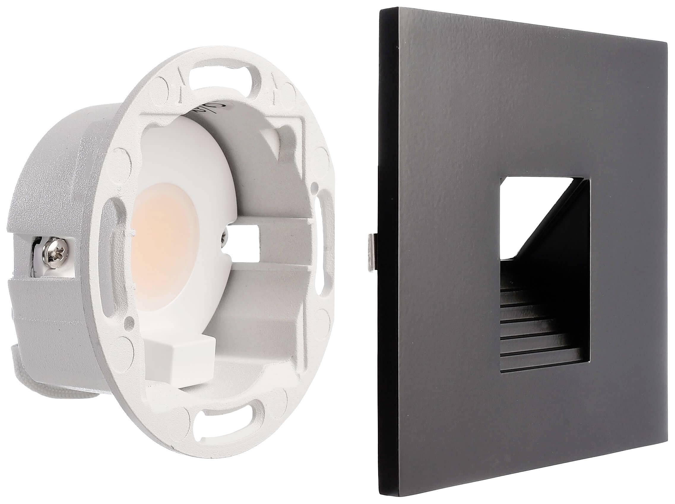Wand-LED-Leuchte bestehend aus einem weißen Leuchtmittelgehäuse und einer quadratischen, schwarzen Blende mit offenem Zentrum.