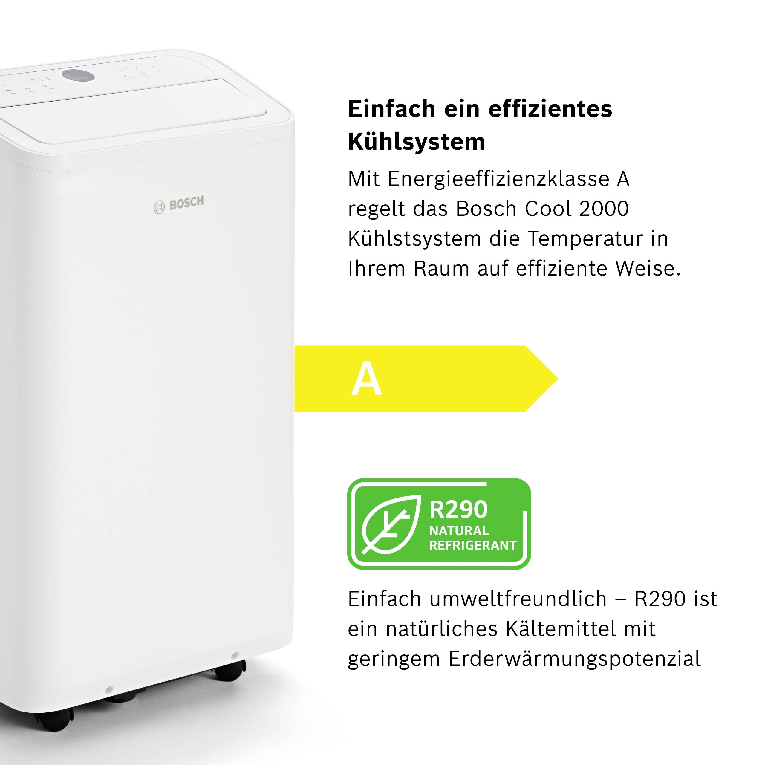 Ein tragbares Bosch Klimagerät mit Energieeffizienzklasse A, reduziert Raumtemperatur effizient. Umweltfreundlich mit Kältemittel R290.