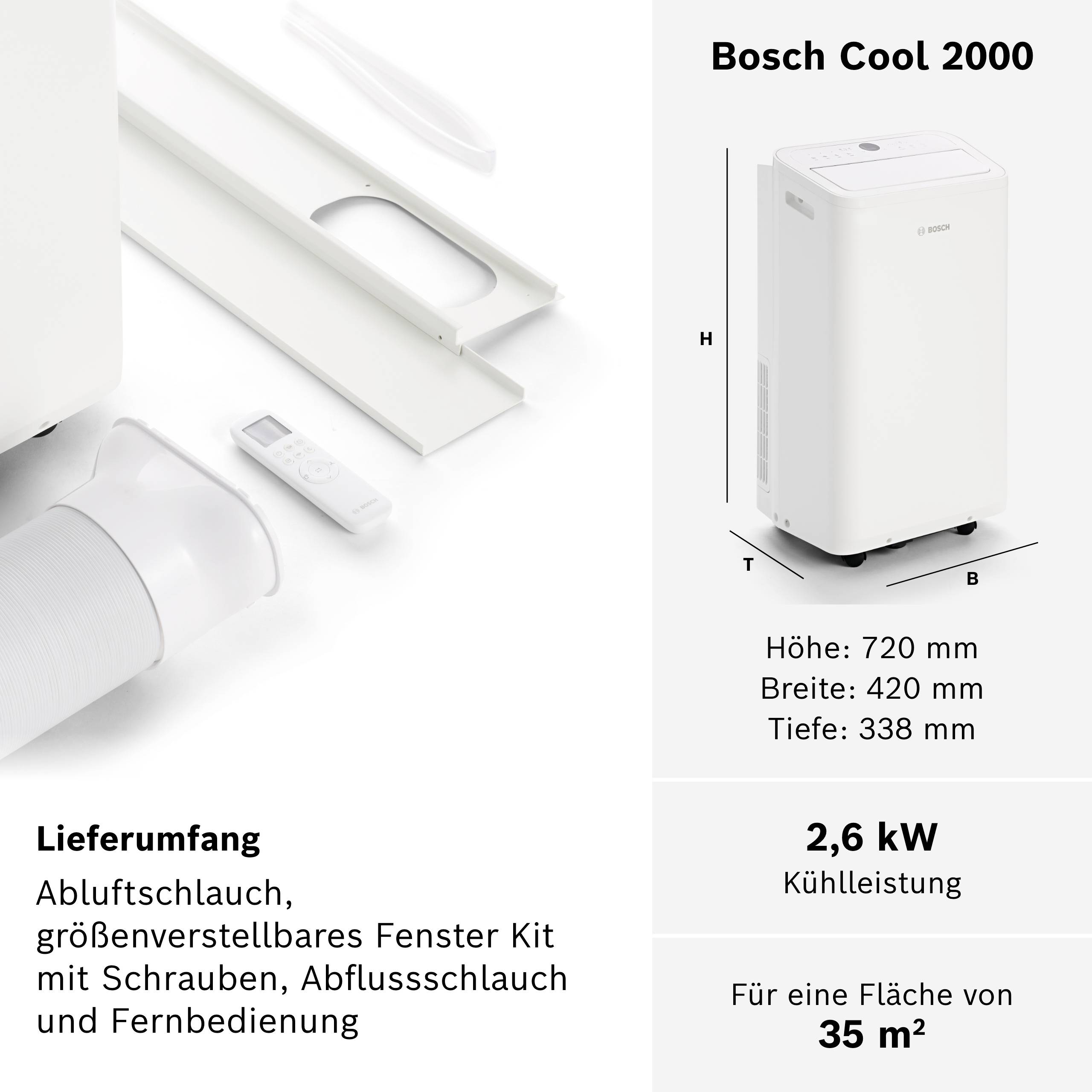 Klimaanlage 'Bosch Cool 2000', weiß. Höhe: 720 mm, Breite: 320 mm, Tiefe: 438 mm. Geeignet für Flächen bis 35 m². 2,6 kW Kühlung. Zubehör: Abluftschlauch, Fensterkit, Fernbedienung.