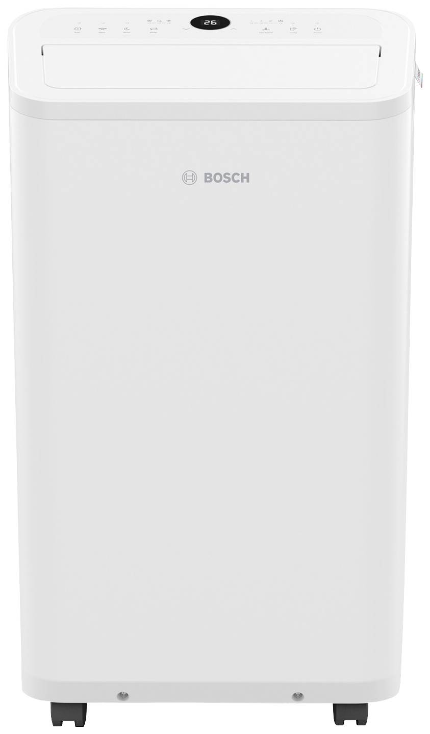 Weißer Bosch-Luftreiniger mit digitalem Display oben, rechteckige Form, auf Rollen, geeignet für Innenräume zur Luftverbesserung.