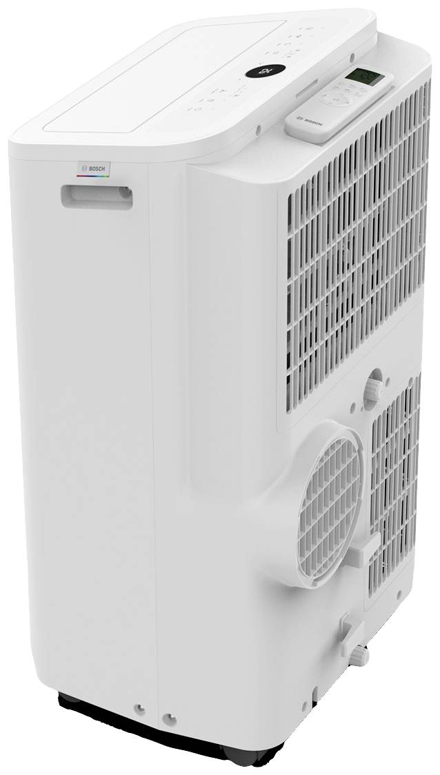 Tragbare Klimaanlage in Weiß mit Lüftungsschlitzen und Bedienfeld oben. Geeignet für die Kühlung kleiner bis mittelgroßer Räume.