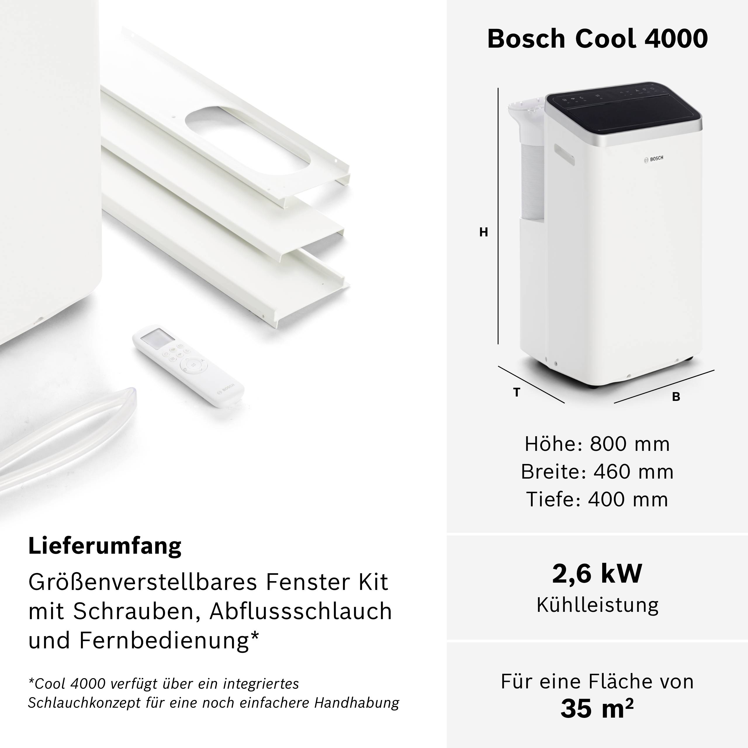 'Bosch Cool 4000' Klimagerät abgebildet mit Abmessungen (Höhe: 800 mm, Breite: 460 mm, Tiefe: 400 mm). Geeignet für 35 m². 2,6 kW Leistung. Lieferung inkl. Fensterkit, Ablaufschlauch und Fernbedienung.