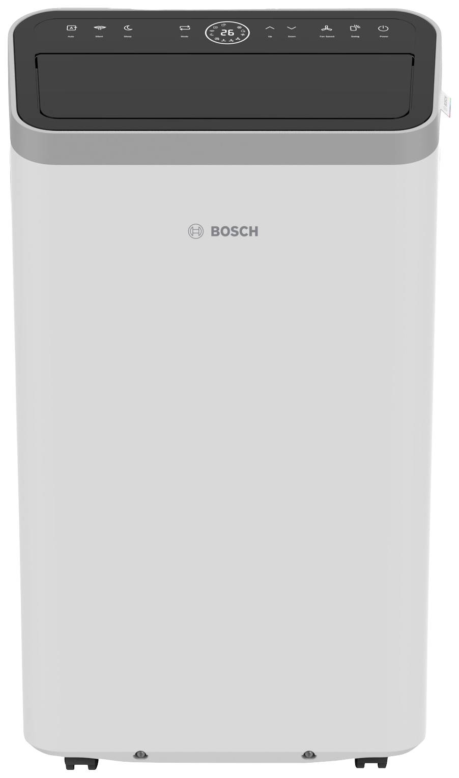 Ein tragbares Klimagerät von Bosch mit schwarzer Bedienoberfläche und digitaler Anzeige, geeignet zur Raumkühlung.