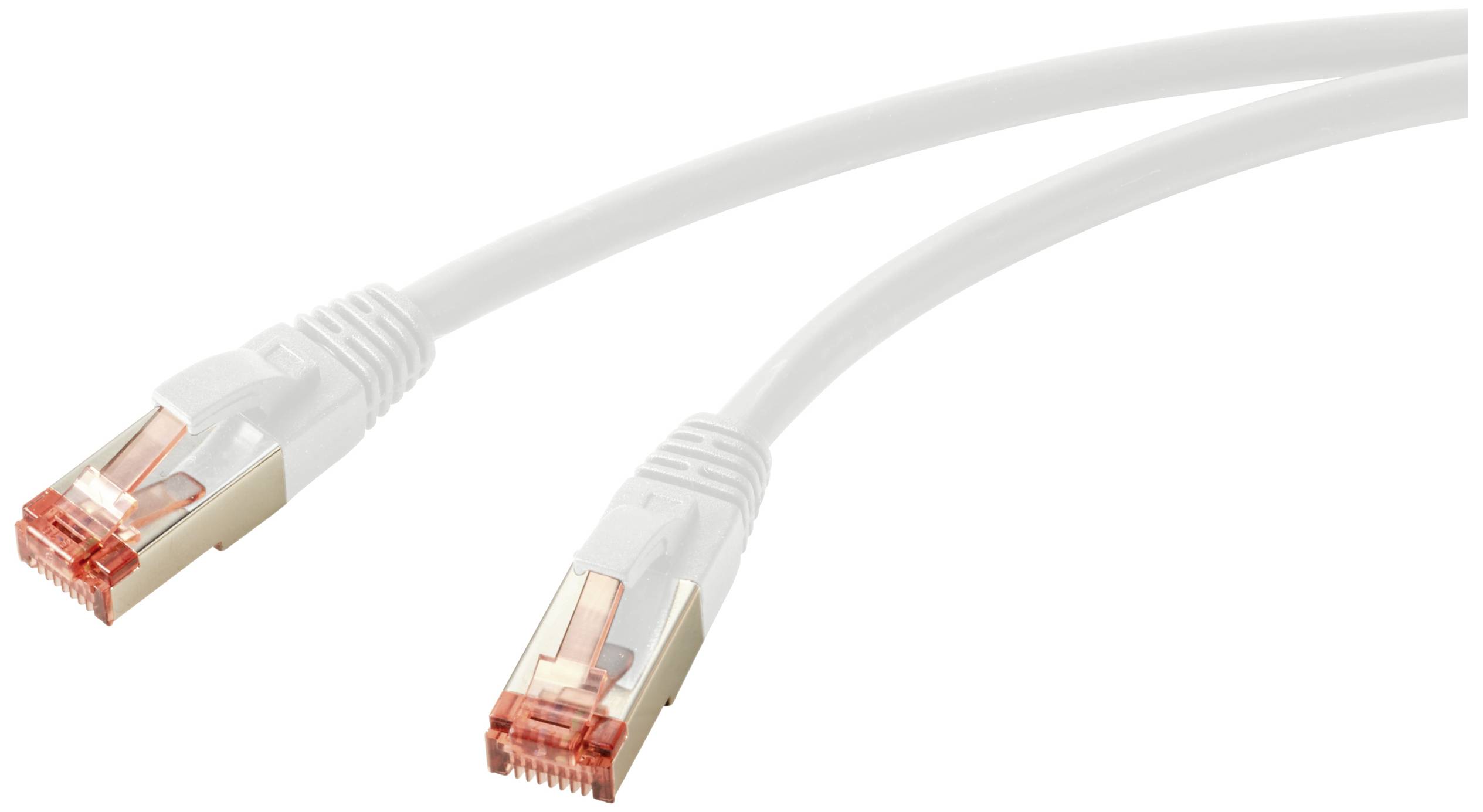 Zwei weiße Netzwerkkabel mit orangefarbenen Steckern.