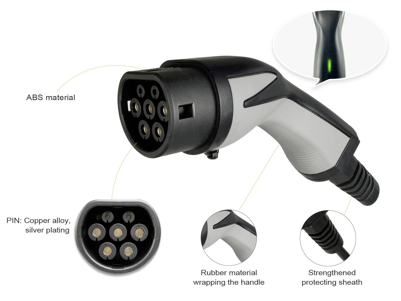 Ladestecker mit ABS-Gehäuse, Kupferlegierungskontakten, gummiertem Griff und verstärkter Schutzhülle. Geeignet für E-Fahrzeuge.