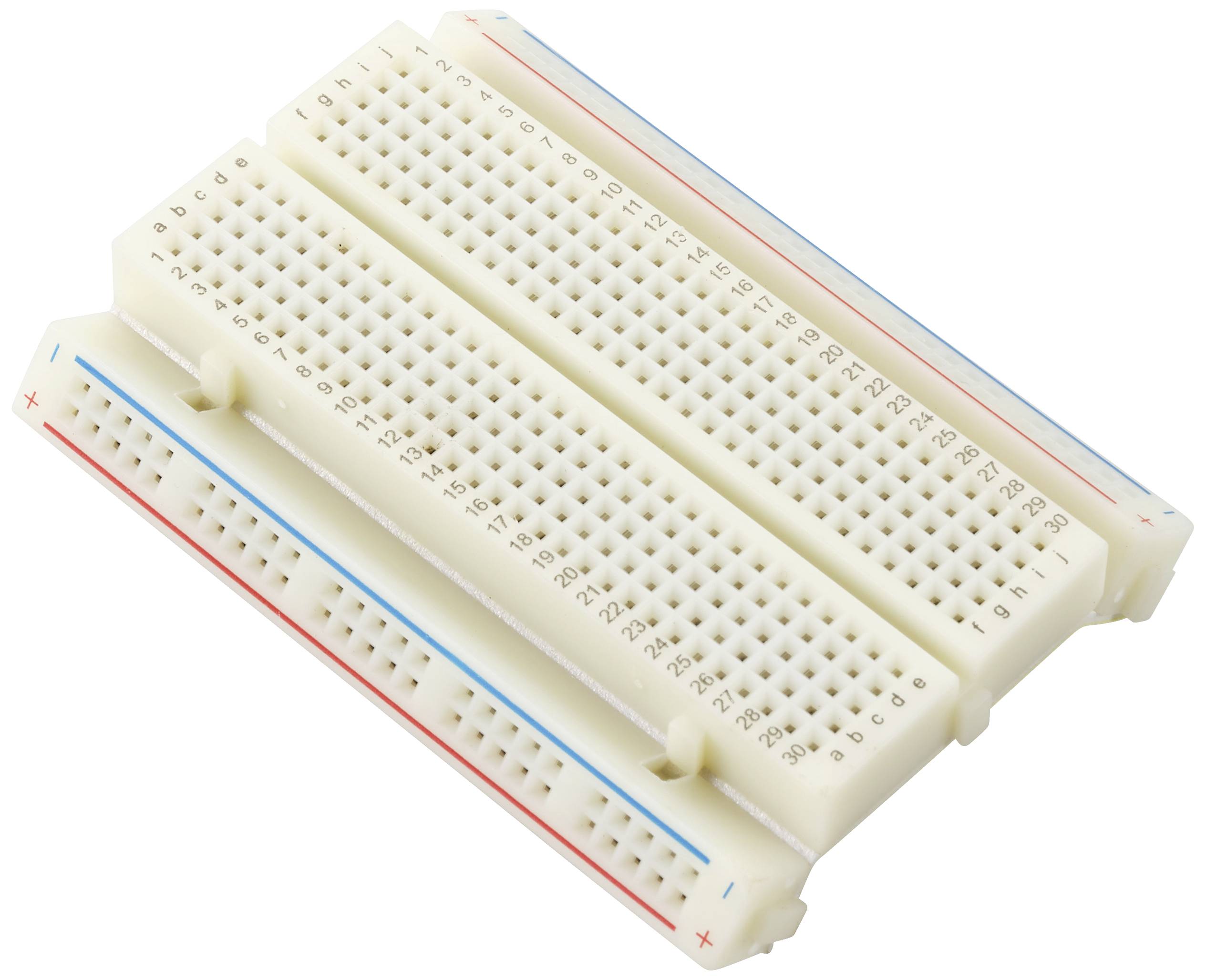 Steckbrett (Breadboard) mit roten und blauen Markierungen auf beiden Seiten, zur Schaltungsentwicklung ohne Löten.