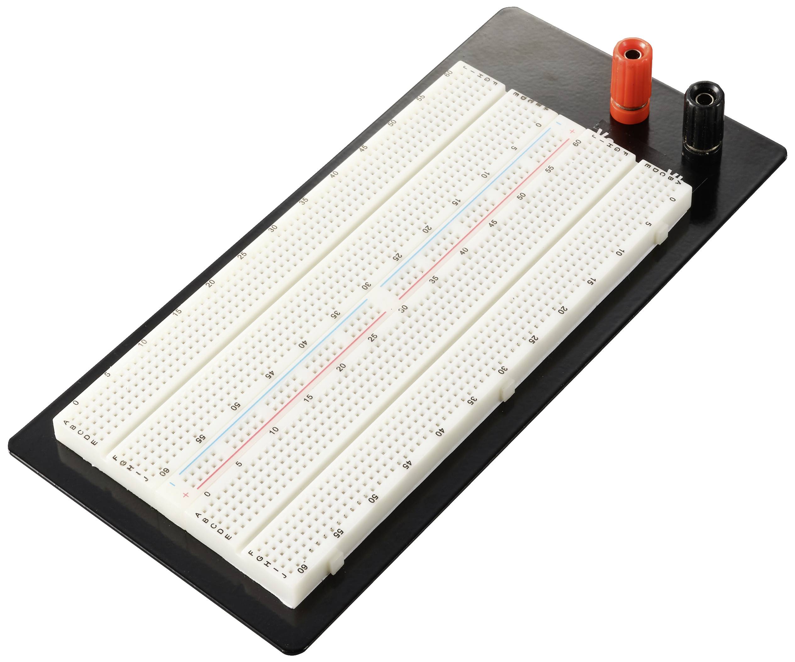 Lötfreies Steckbrett mit mehreren Steckplätzen, roten und schwarzen Anschlussklemmen, zur Entwicklung elektronischer Prototypen.