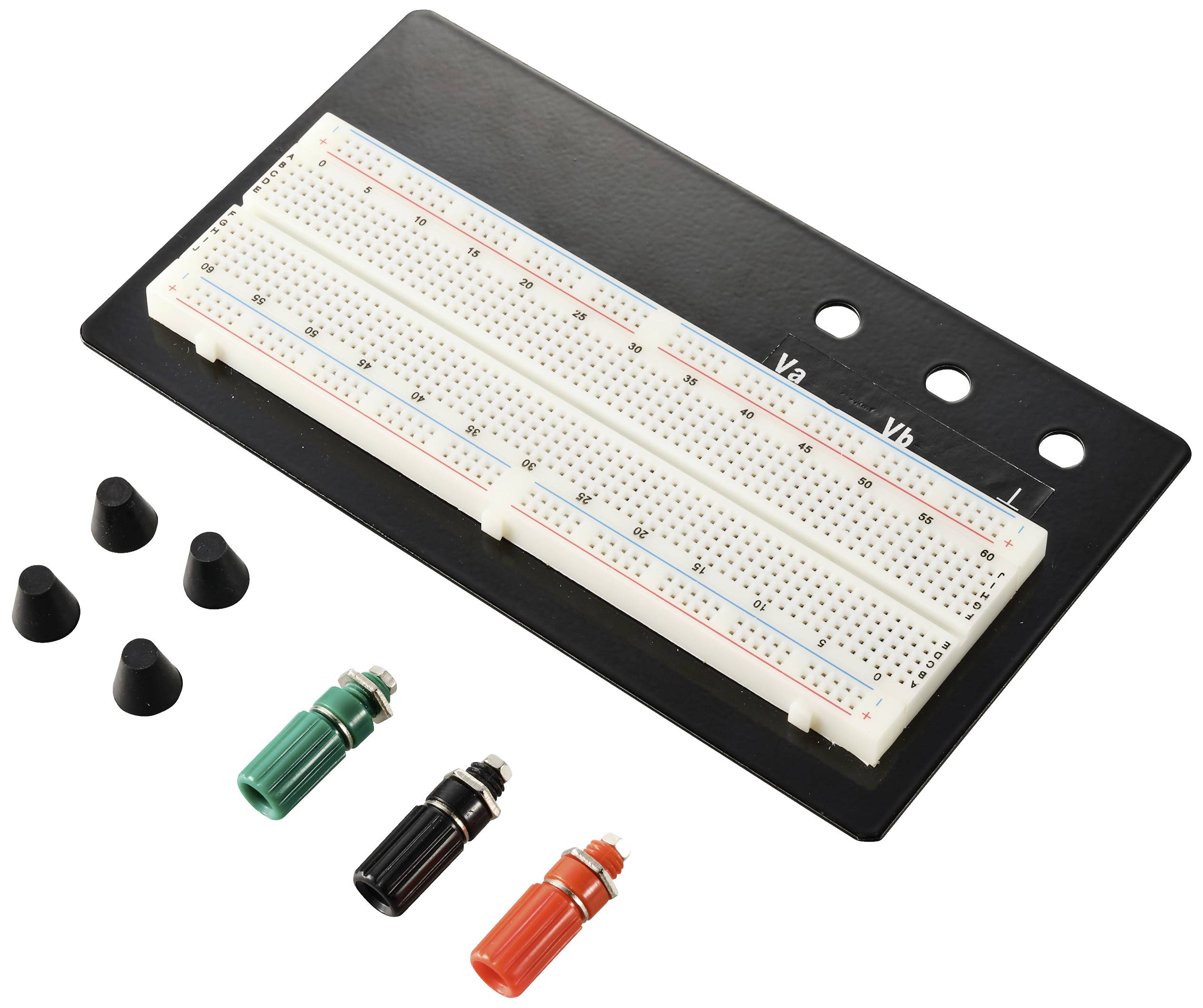 Ein Steckbrett mit drei Krokodilklemmen und vier Gummifüßen. Es wird für elektronische Schaltungen und Experimente verwendet.
