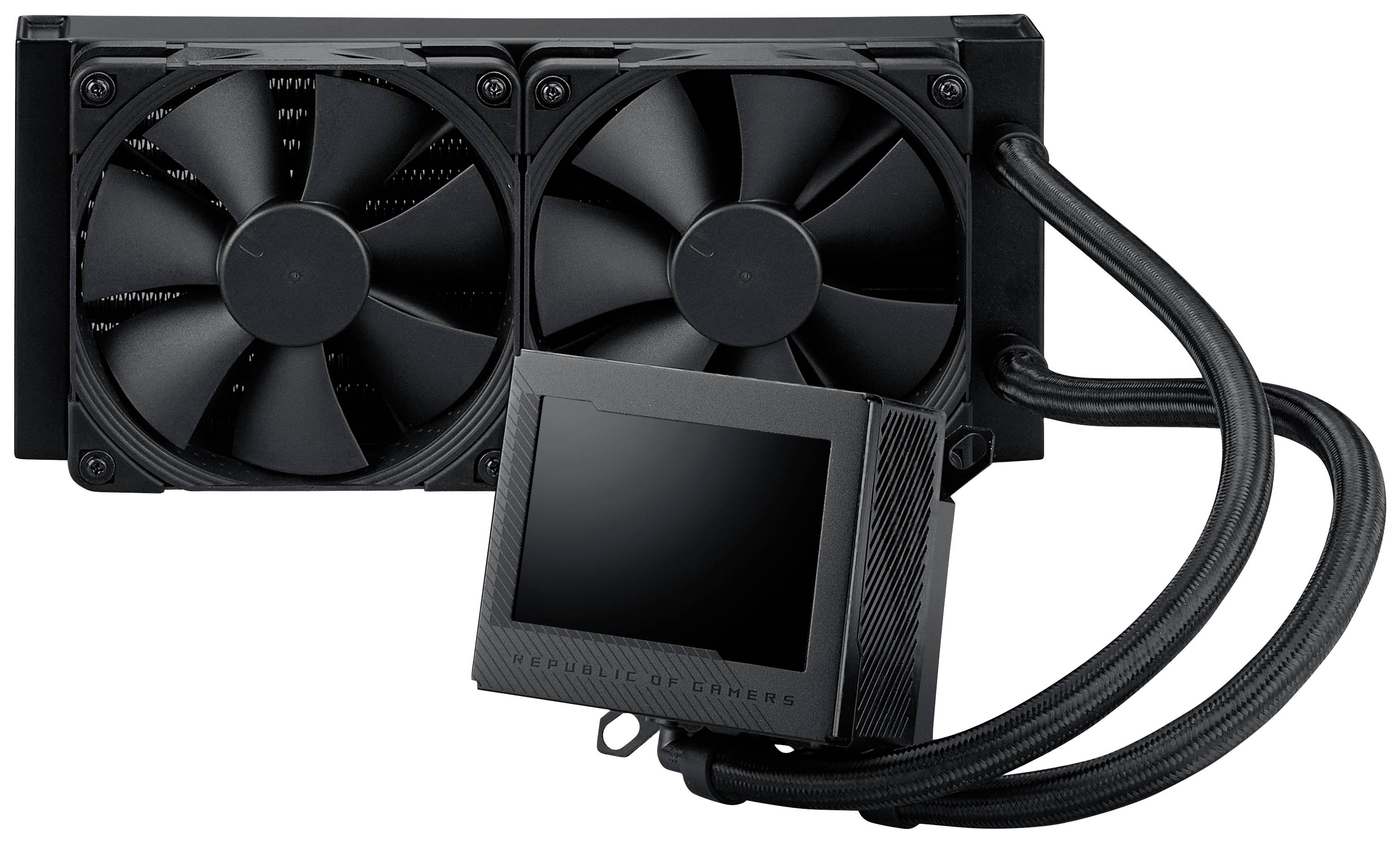 Zwei schwarze Lüfter mit einem rechteckigen Kühlkörper verbinden sich mit flexiblen Schläuchen zu einem Computer-Flüssigkeitskühlsystem.