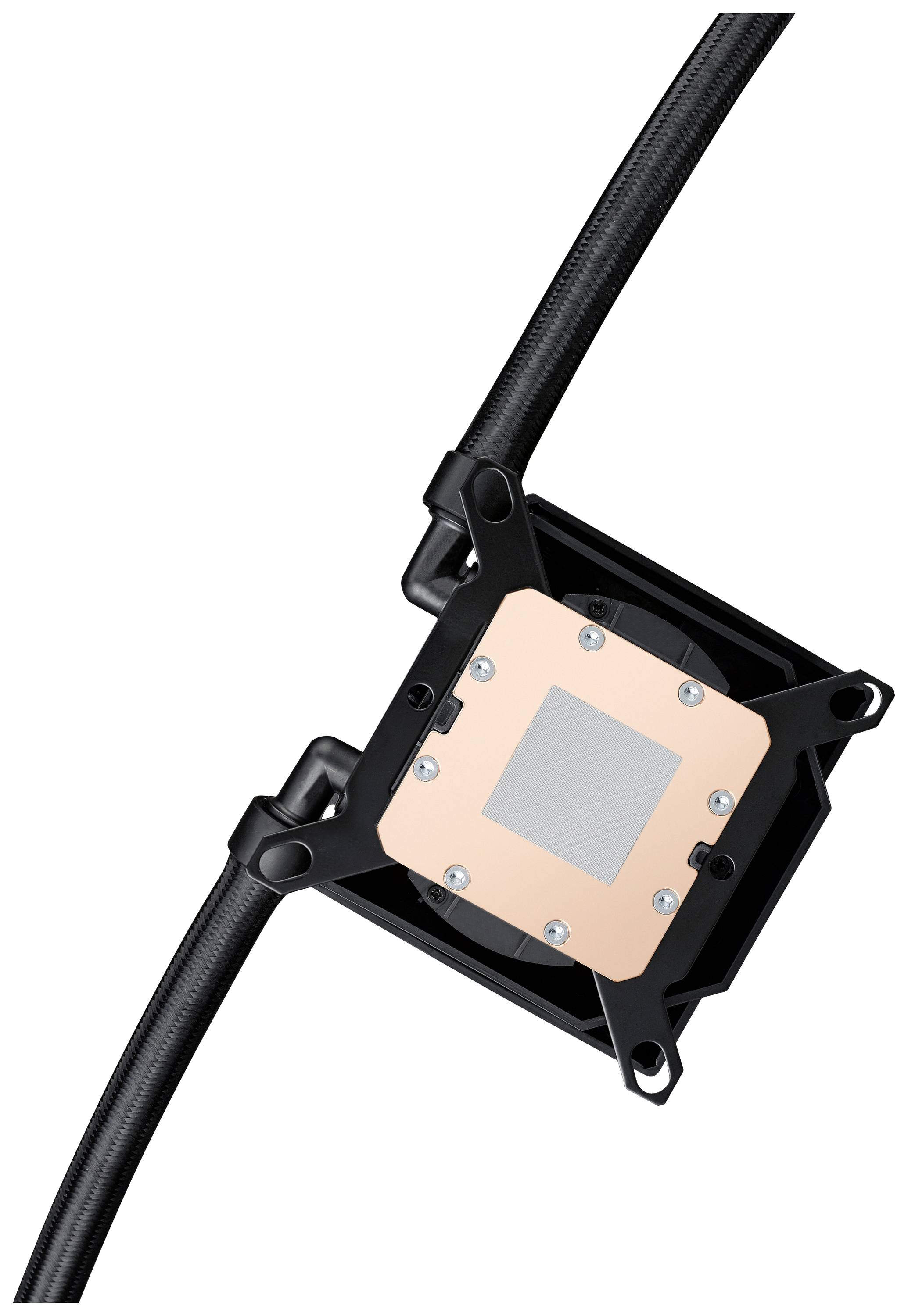 Eine schwarz-kupferfarbene Computer-Kühlungseinheit, Ansicht von der Basisplatte mit befestigten Schläuchen zur Wärmeableitung.