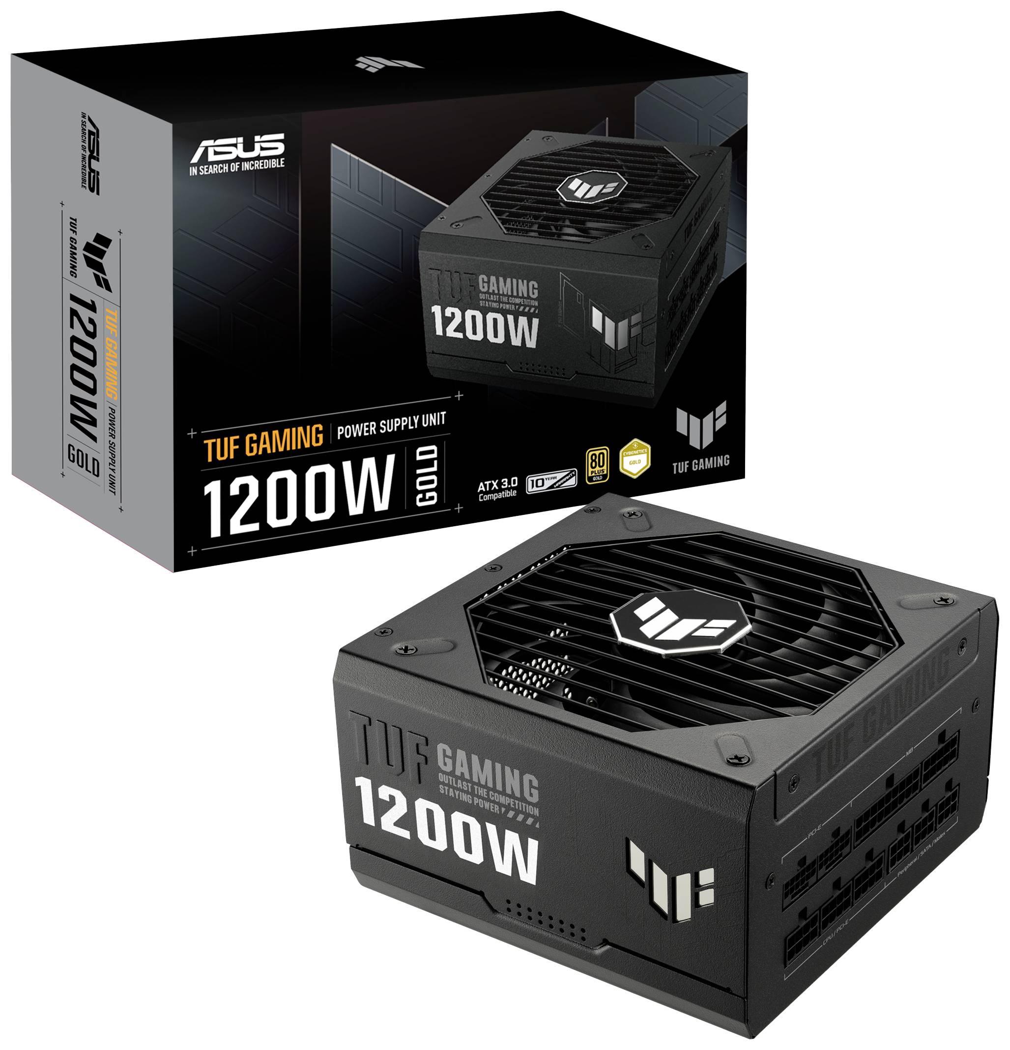 Abgebildet ist eine ASUS TUF Gaming 1200W Gold Netzteil-Verpackung und das Netzteil selbst. Geeignet für ATX 3.0 mit 80 PLUS Gold Zertifizierung.