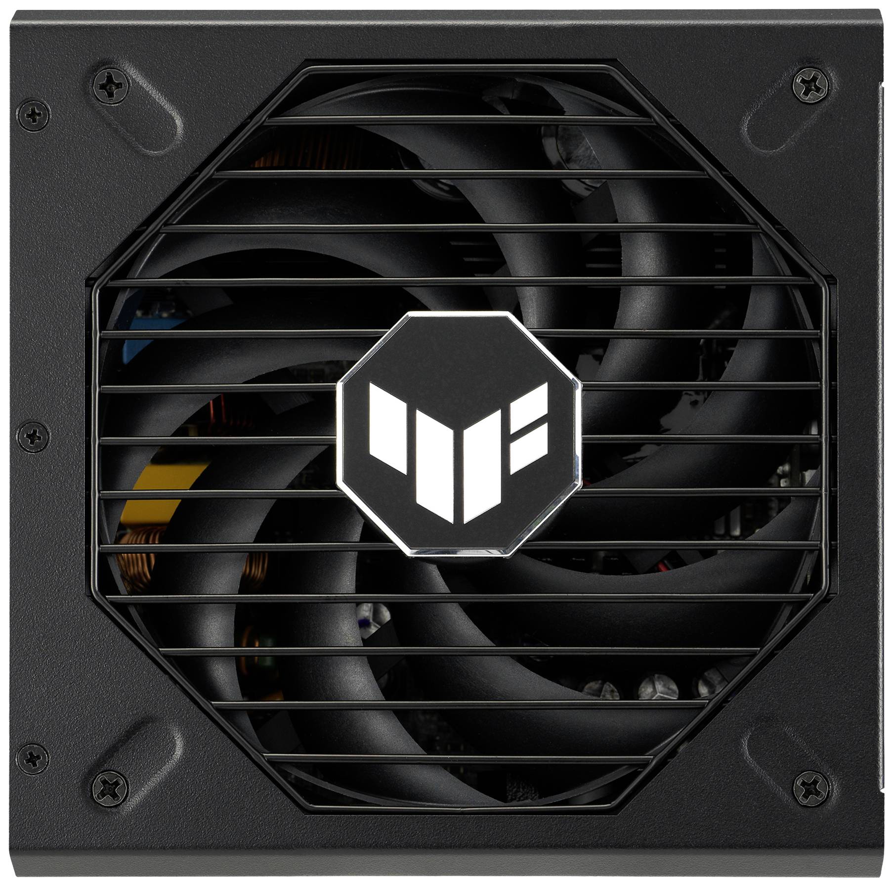 Schwarzes Computer-Netzteil mit Lüfter, Markenlogo in der Mitte der Lüfterabdeckung.