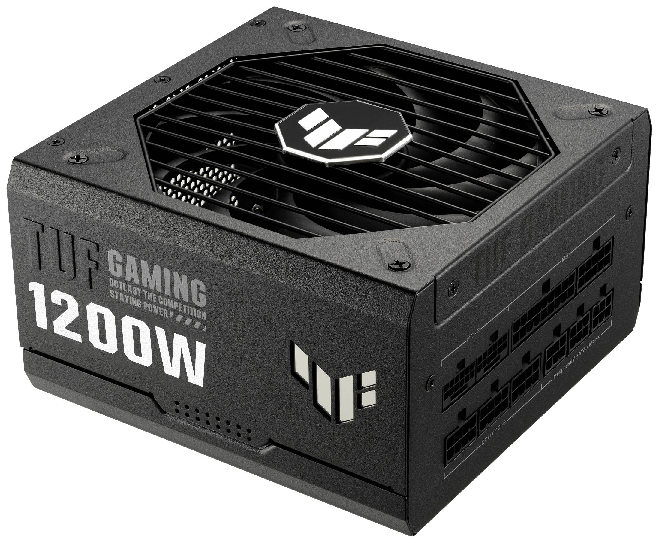 Ein schwarzes PC-Netzteil mit der Aufschrift 'TUF Gaming' und '1200W'. Lüftergitter und mehrere Anschlussmöglichkeiten sichtbar.