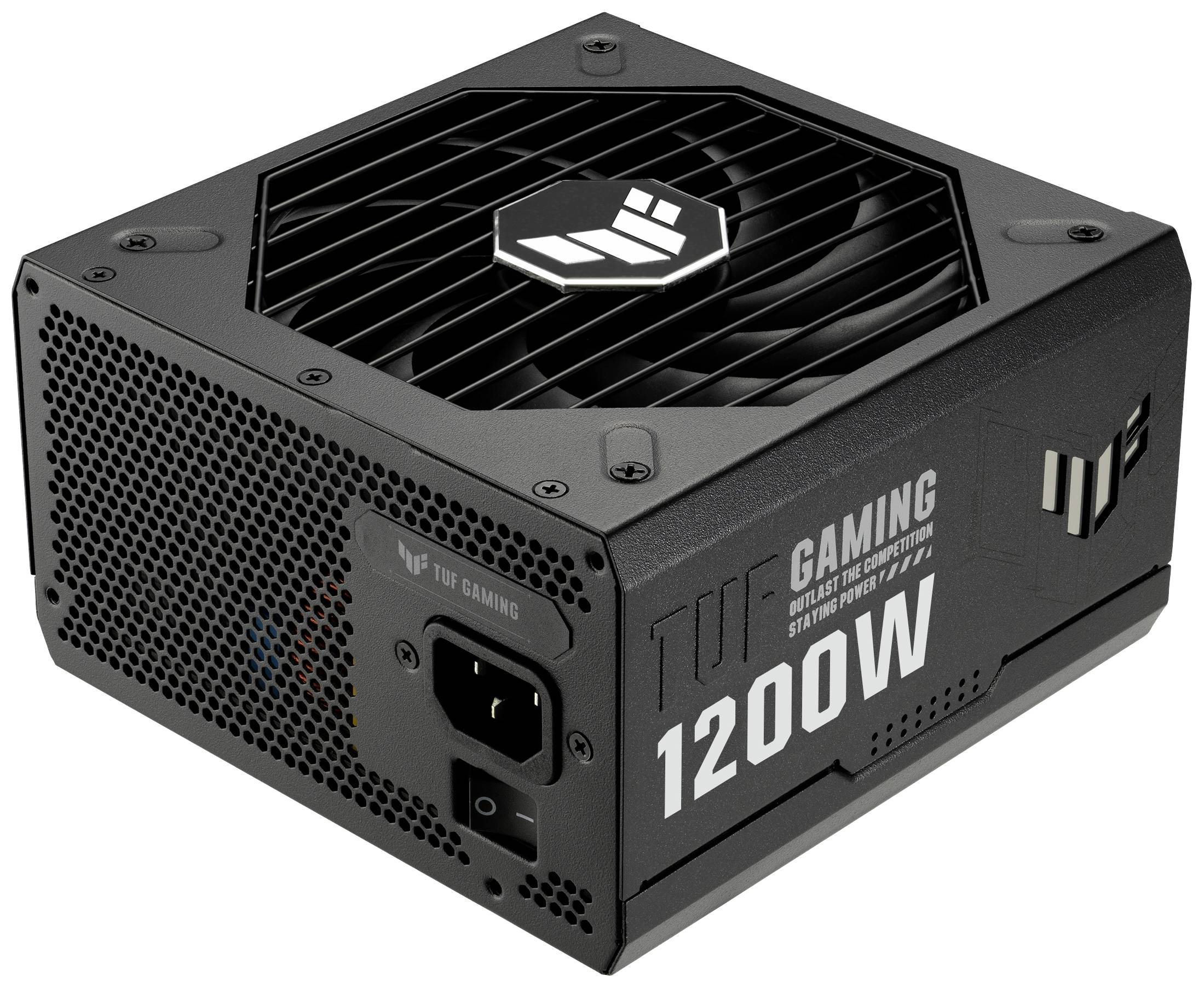 Schwarzes Gaming-Netzteil mit der Aufschrift 'TUF Gaming 1200W', Lüfter oben, Anschlussbuchse und Netzschalter sichtbar.