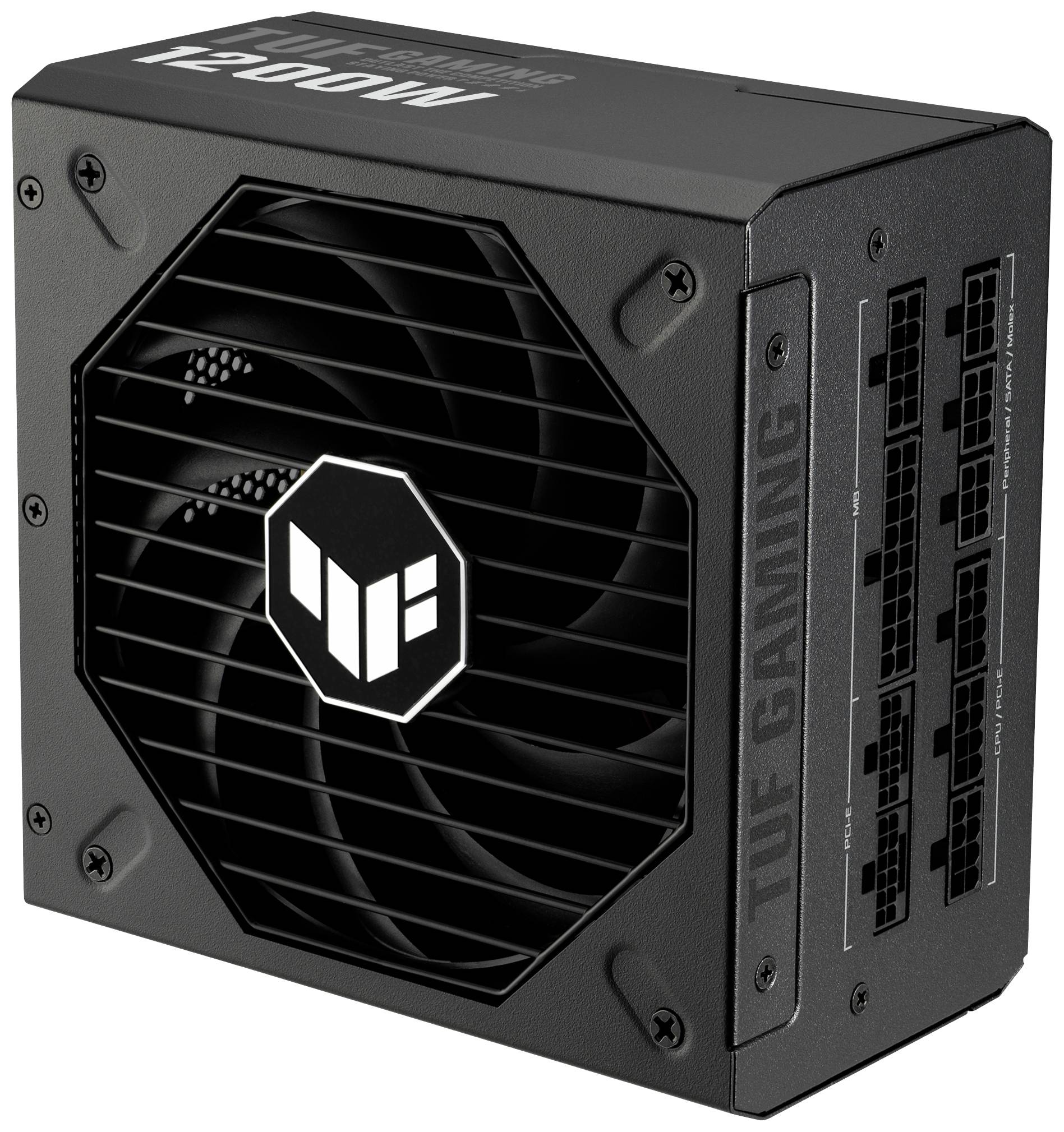 Schwarzes 'TUF Gaming' 1200W Netzteil mit Lüfter und mehreren Anschlussmöglichkeiten an der Seite.