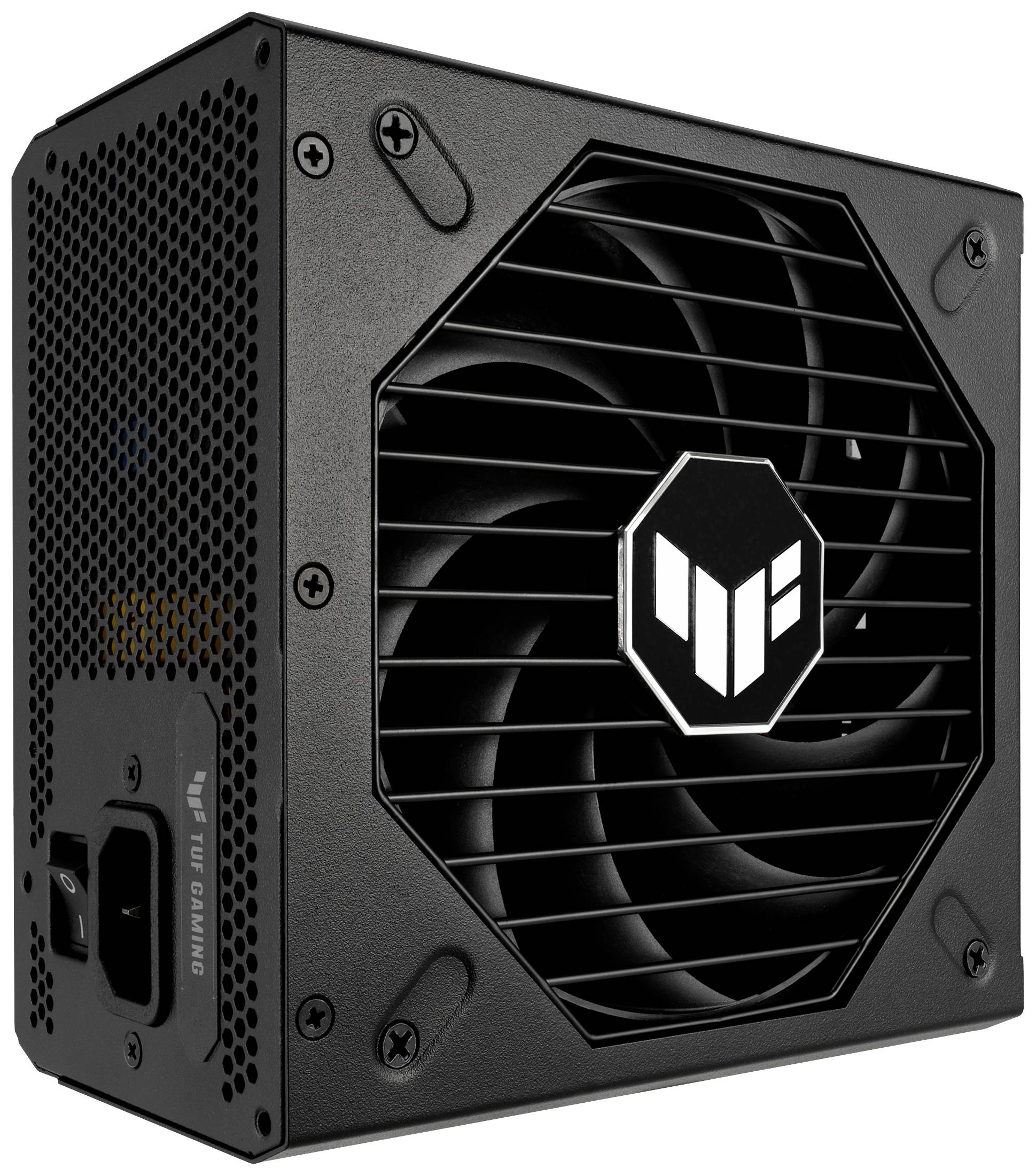 Schwarzes PC-Netzteil mit Lüfter in der Mitte und Logo vorne. Enthält Anschlussbuchsen auf einer Seite. Geeignet für Gaming-PCs.