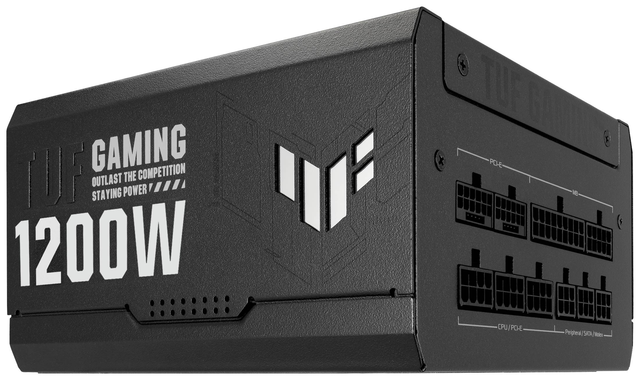 Schwarzes Gaming-Netzteil mit der Aufschrift 'TUF GAMING 1200W'. Es hat mehrere Anschlussports auf der rechten Seite.