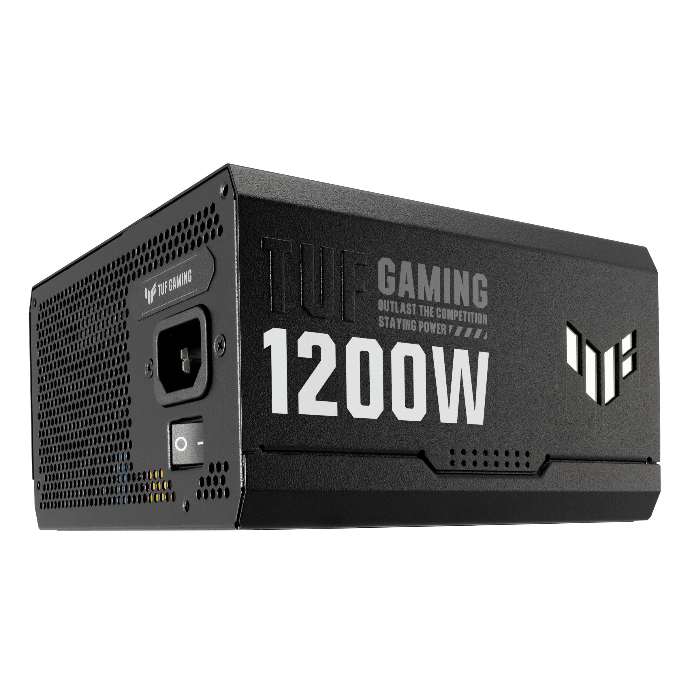 Schwarzes PC-Netzteil mit Aufschrift 'TUF Gaming 1200W', Belüftungsgitter und Stromanschluss.
